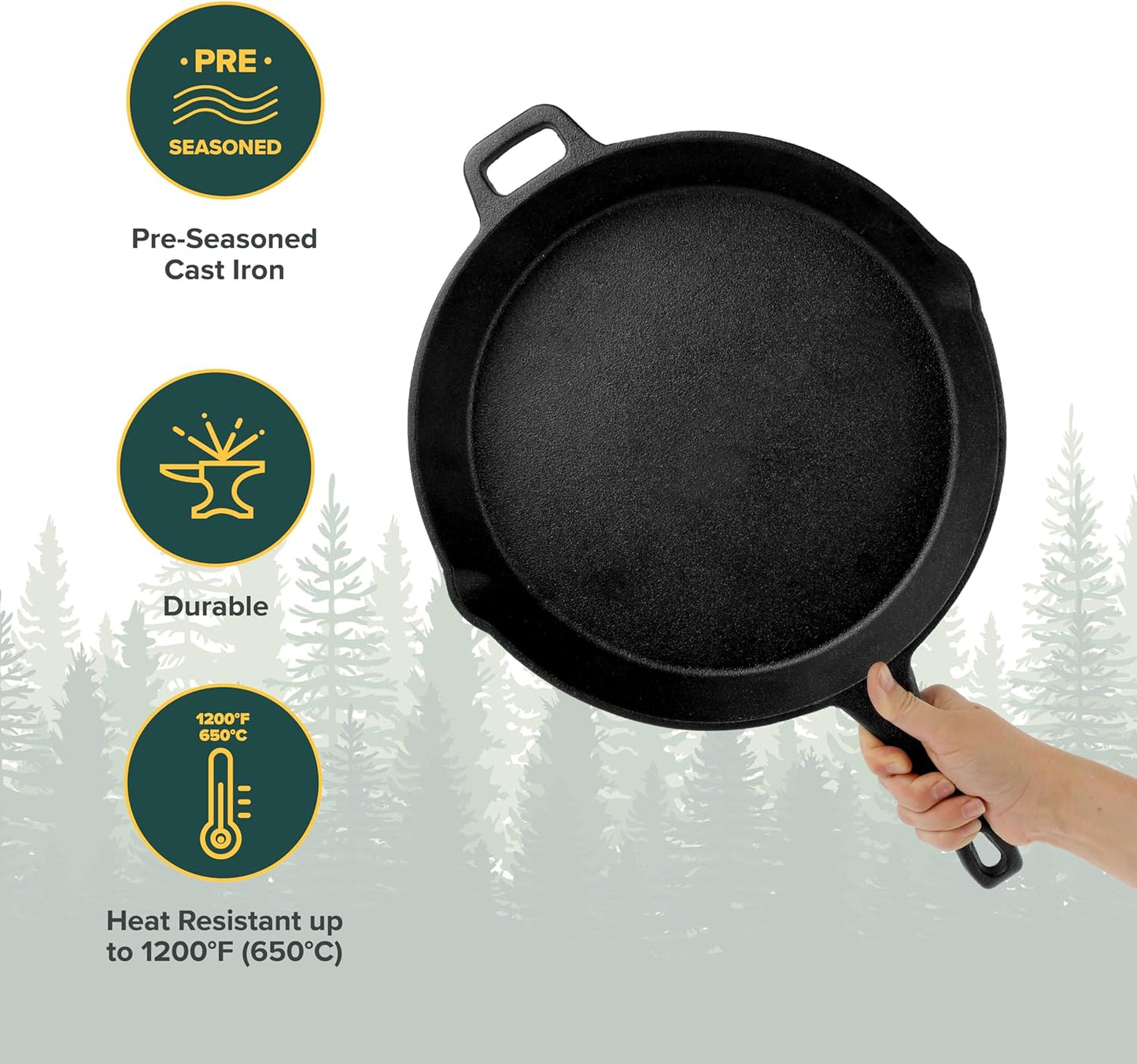 Coghlan's Cast Iron Skillet – 12-Inch Pre-Seasoned Frying Pan with Dual Pour Spouts & Helper Handle for Campfire Cooking, Stove, Grill, or Oven – Durable Outdoor Cookware