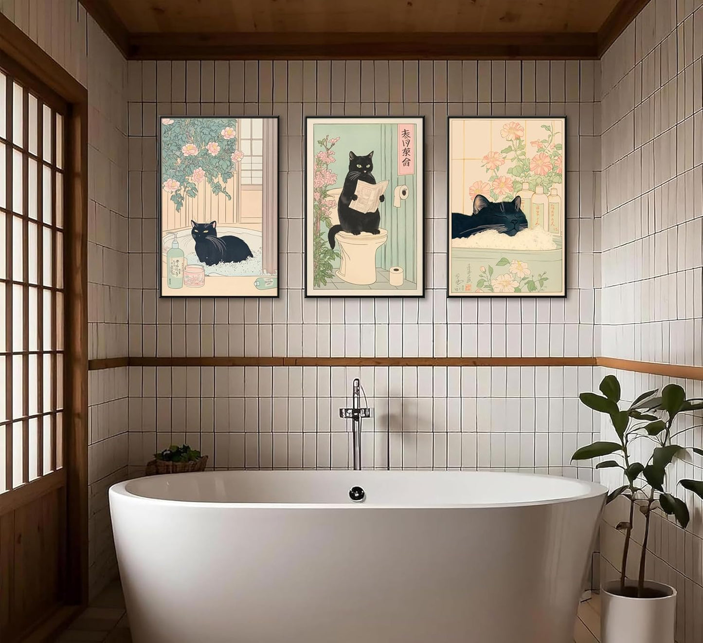 3Pcs Funny Japanese Bathroom Cat Wall Art Cute Animal Painting Picture Wall Decor Cats Lovers Prints Poster Print Artwork for Bathroom Toilet Home Decoration Unframed