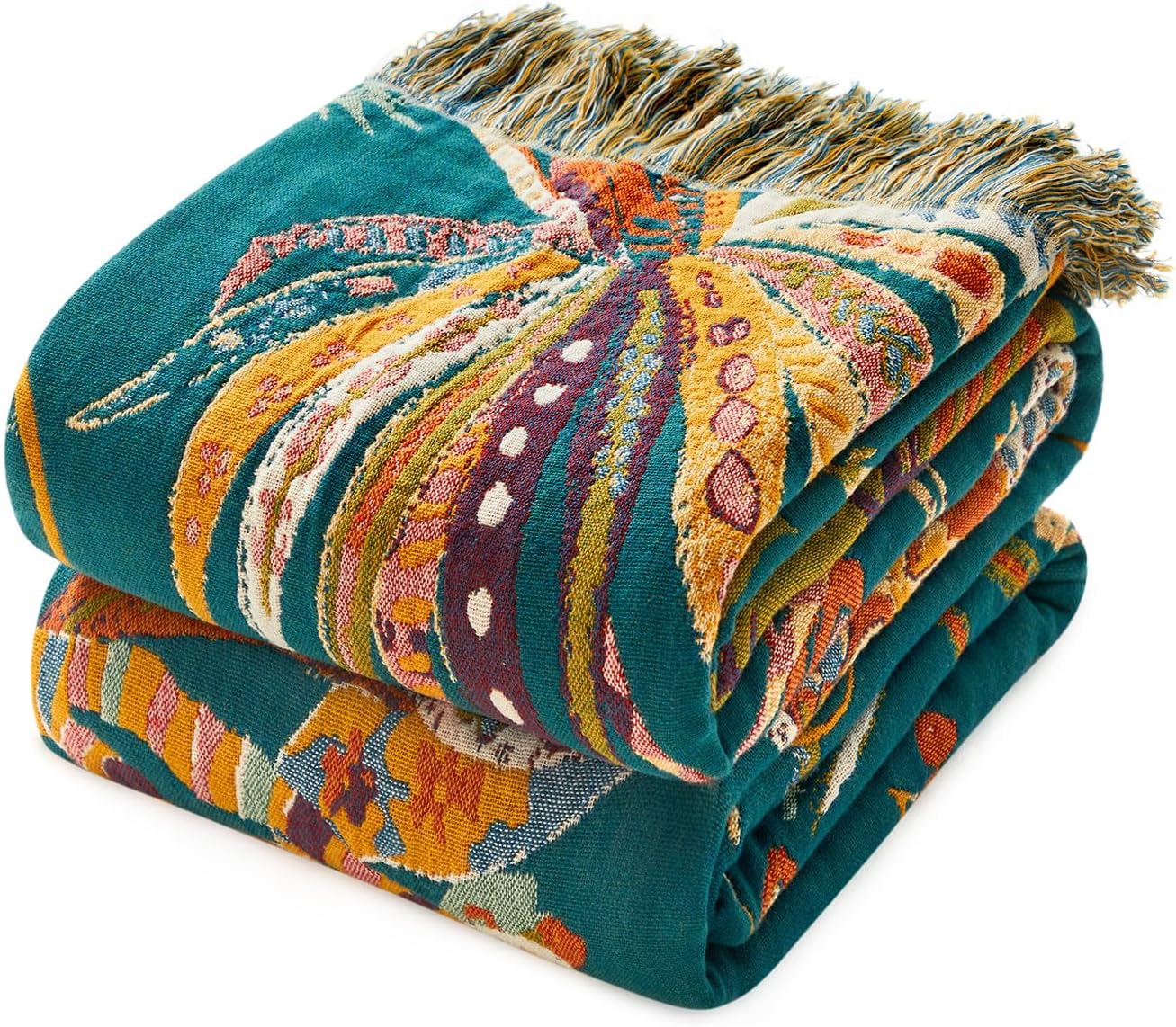 Boho Throw Blanket - 60"x80" Soft Cotton Throw Blanket Muslin Blankets for Bed, Reversible Lightweight Spring Blanket with Floral Printed, All Season Farmhouse Decor Rustic Blanket