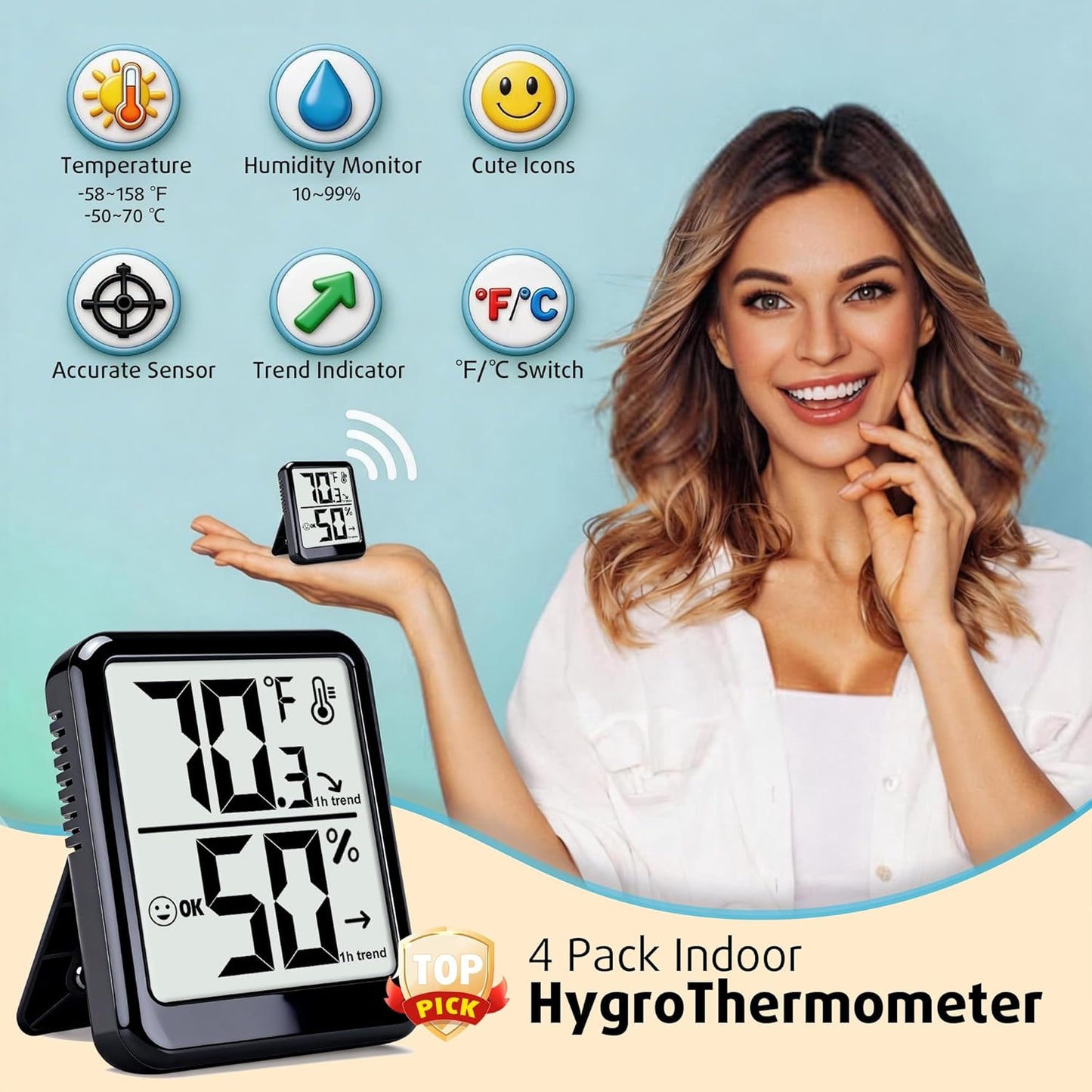 4-Pack Room Thermometer Indoor Hygrometer, Small Digital Temperature and Humidity Monitor Sensor, Temperature Humidity Gauge Meter for Home Baby Room, Plants, Pets - AAA Battery Included