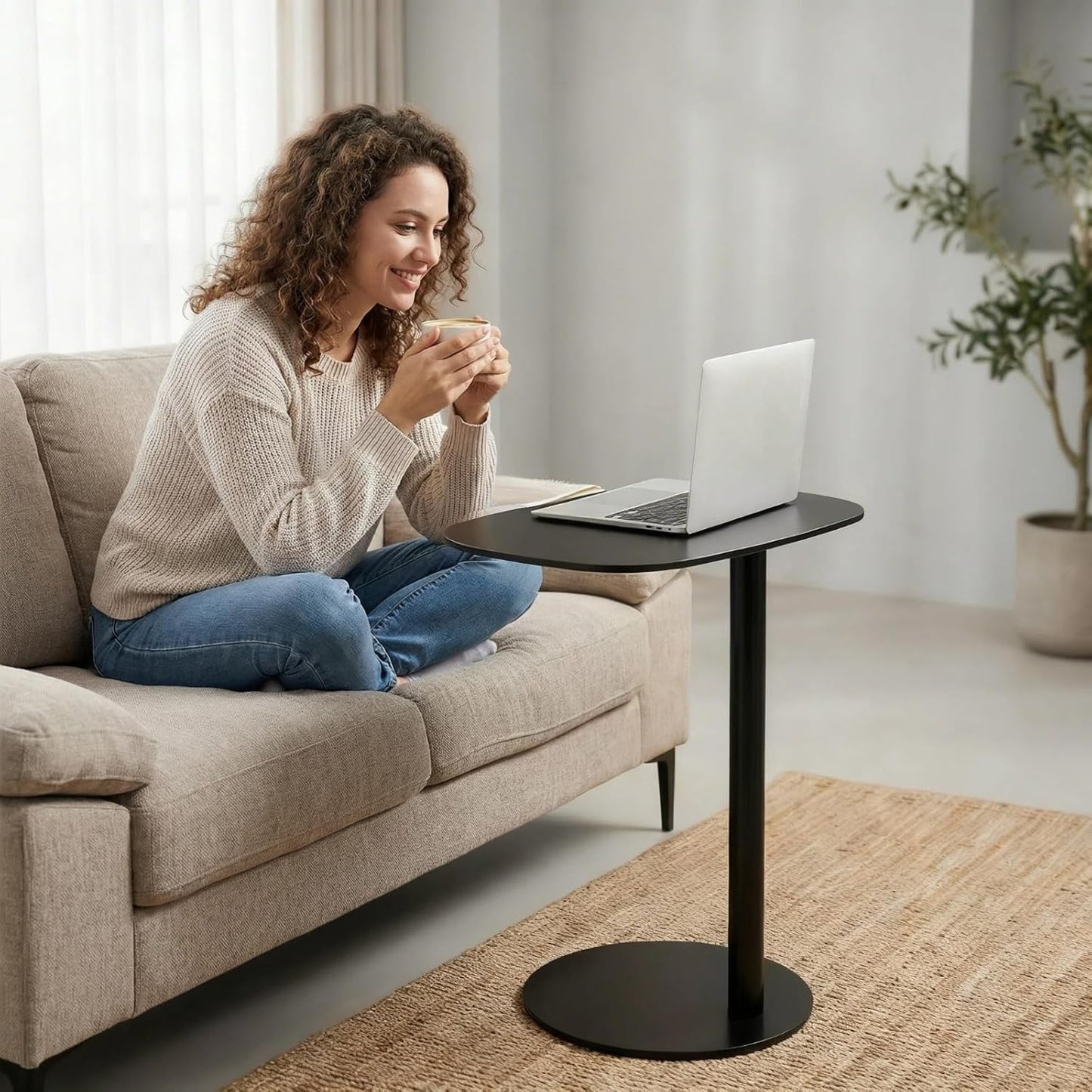 C Shaped End Table for Couch - Modern Metal Sofa Side Table with Round Base, Slide Under Accent Table for Small Spaces, Living Room Bedroom Office, Black, 24.8 Inch