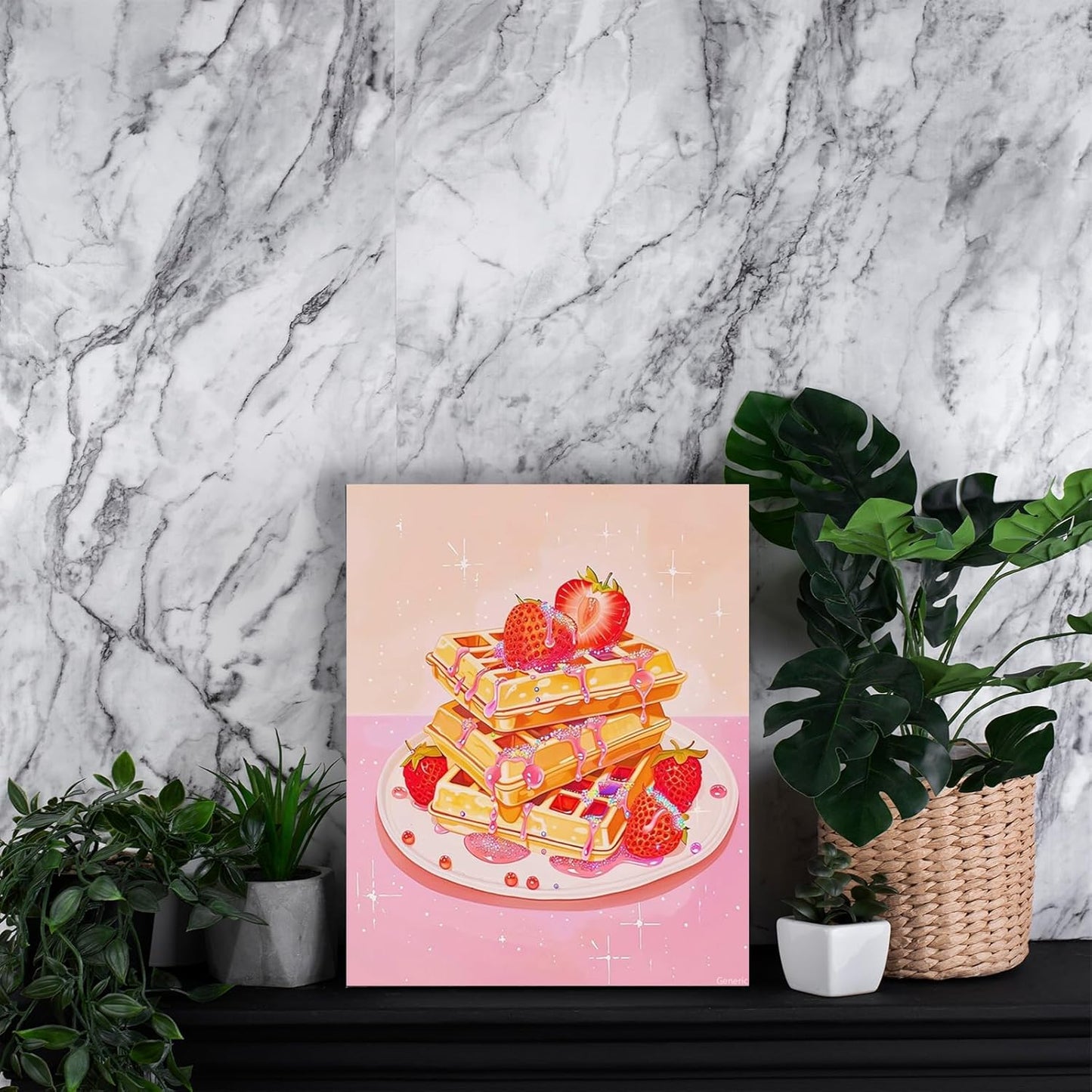 Pink Waffles Art Poster Strawberry Cake Canvas Painting Pink Wall Art Vintage Trendy Balletcore Decor Preppy Kitchen Wall Art Coquette Room Decor Aesthetics Poster Framed 8x10inch