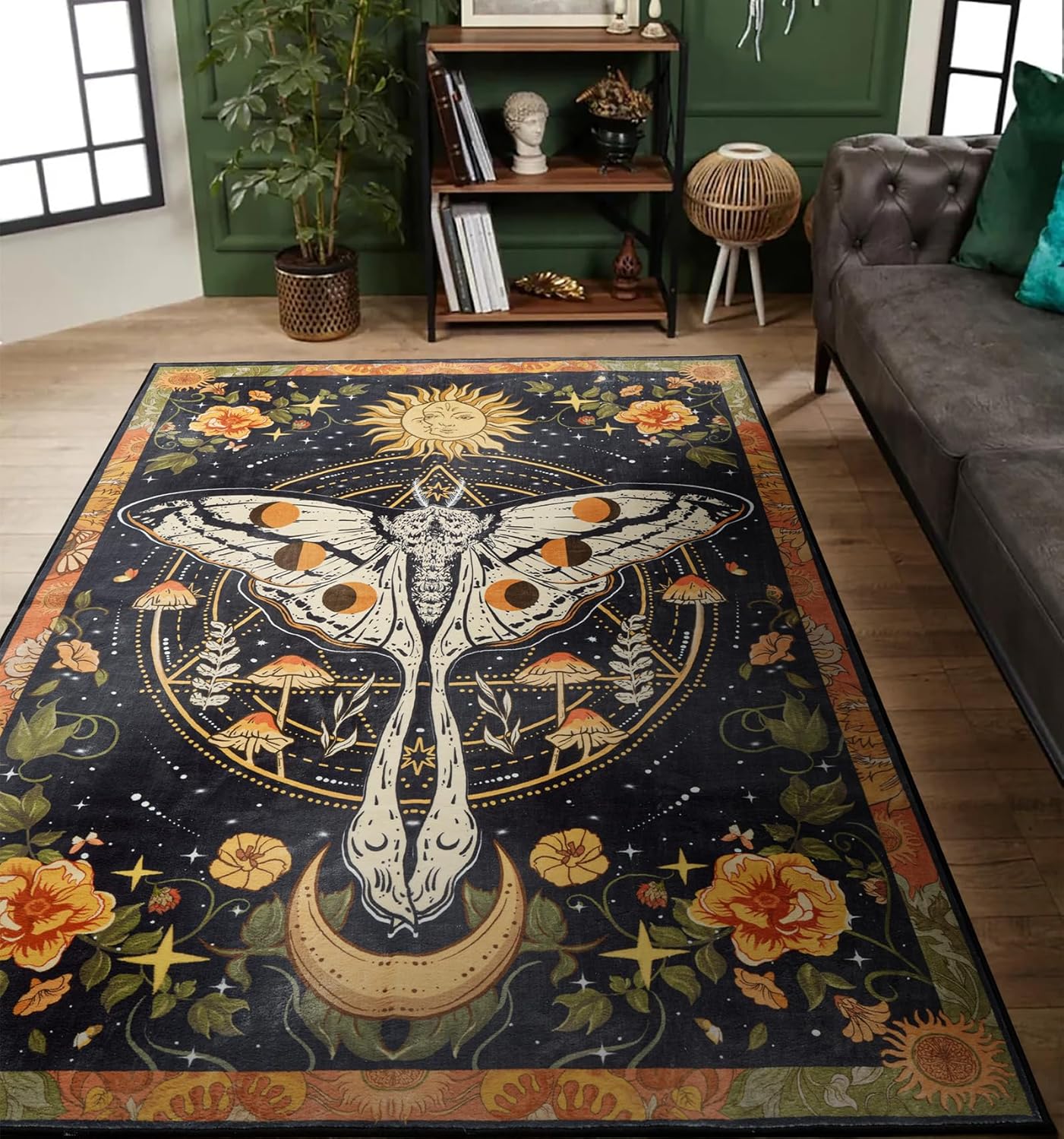 Washable Mystical Luna Moth Rugs Ultra Thin, Boho Moody Black Floral Aesthetic Bedroom Rugs Vintage Hippie Celestial Trendy Indie Dorm Rug, Retro Cute 4x6 Area Rug for Dining Living Room Entryway