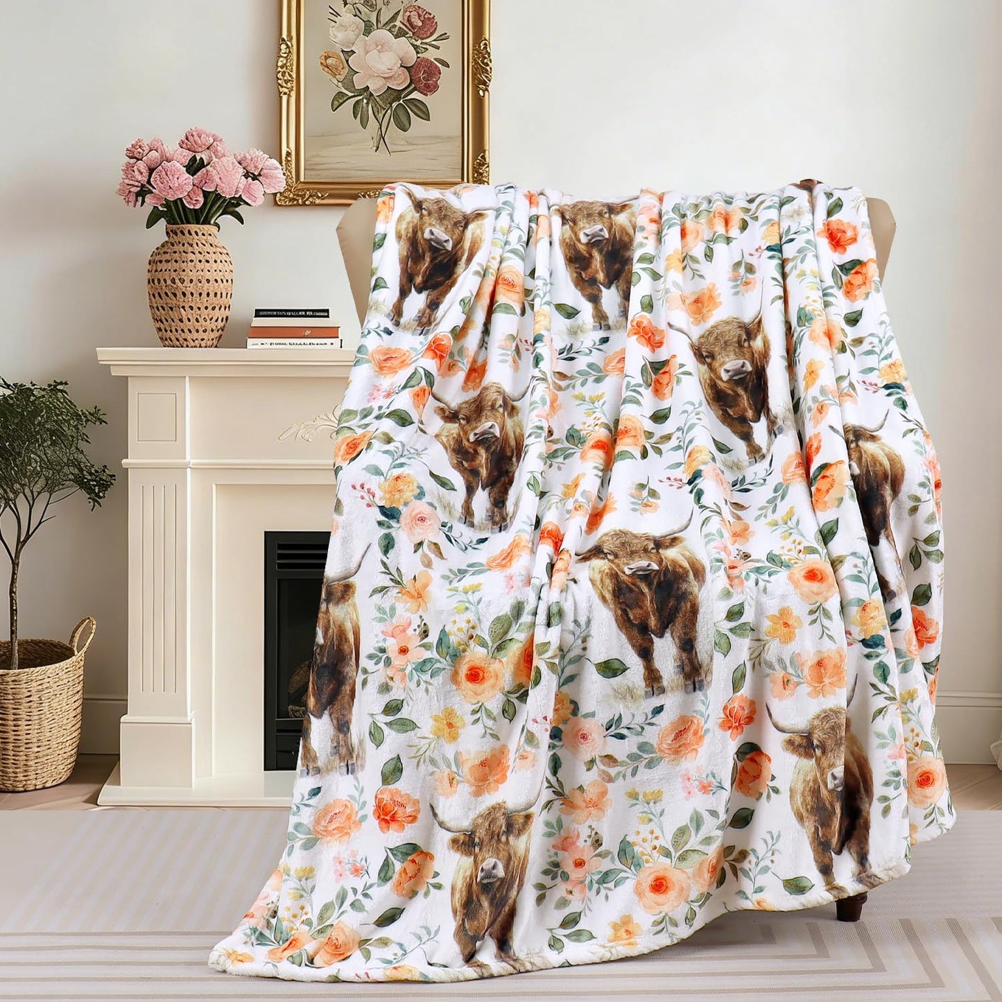 Highland Cow Blanket Watercolor Flower Floral Throw Blanket Rustic Cow Print Blankets Farmhouse Plush Throw Blankets Fuzzy Cozy Soft Warm Fleece Blankets for Couch Bed Sofa 60 x 80 Inch