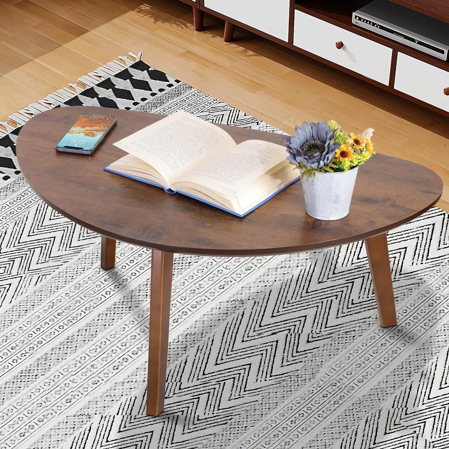 Large Oval Coffee Table Wood Mid Century Modern Unique Retro Farmhouse Contemporary Triangle Table for Living Room, Bedroom Office 19" D x 34" W x 16" H