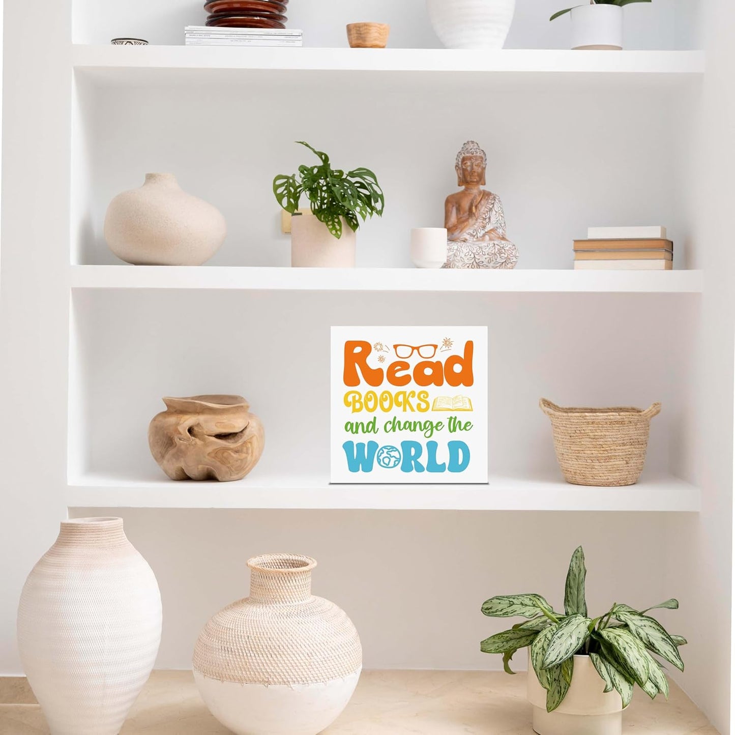 Inspirational Wooden Box Sign, Read Books & Change The World, Motivational Desk Decoration for Bedroom, Classroom, Library, Dorm, Reading Room, Gifts for Back-to-school Season, Birthday. (037)
