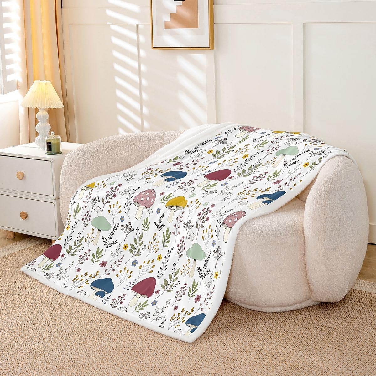 Feelyou Mushroom Sherpa Throw Blanket for Couch Boho Super Soft Cozy Fleece Vintage Floral Blanket for Winter, Plush Throw Throw 50"x60" All Season