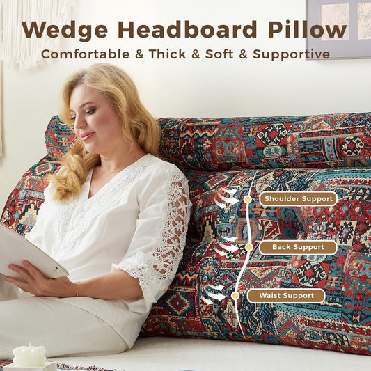 Boho Headboard Pillow for Full, Large Triangular Wedge Pillow for Headboard Gap, Daybed for Sitting Up in Bed, Couch or Sofa with Removable Washable Cover and Side Pockets, Sparks Bloom