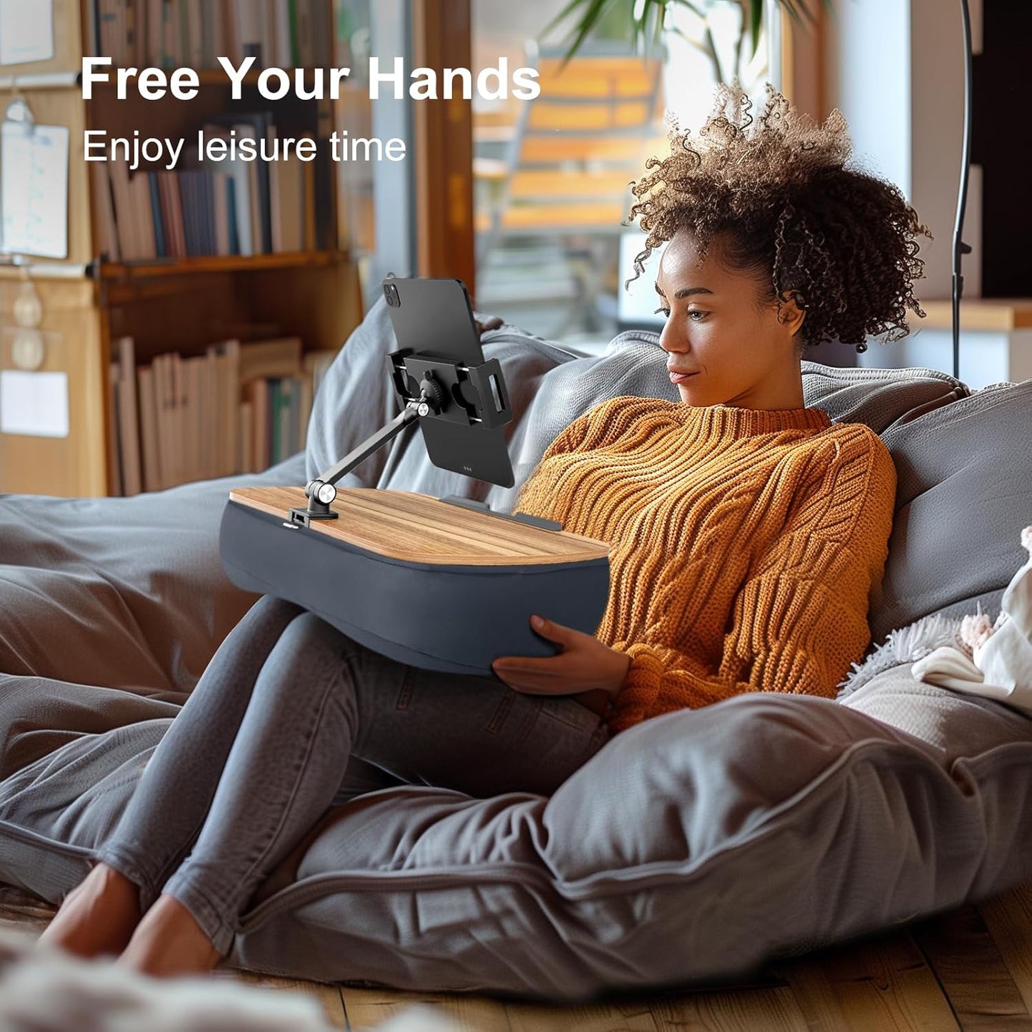Lap Cozy Kindle Pillow Stand for Bed with Adjustable Arm, 360° Tablet Holder, Fits 4.7"-13" Kindle, iPad, Phone, Lap Desk for Hands Free Reading in Bed, Couch, Sofa,Gray