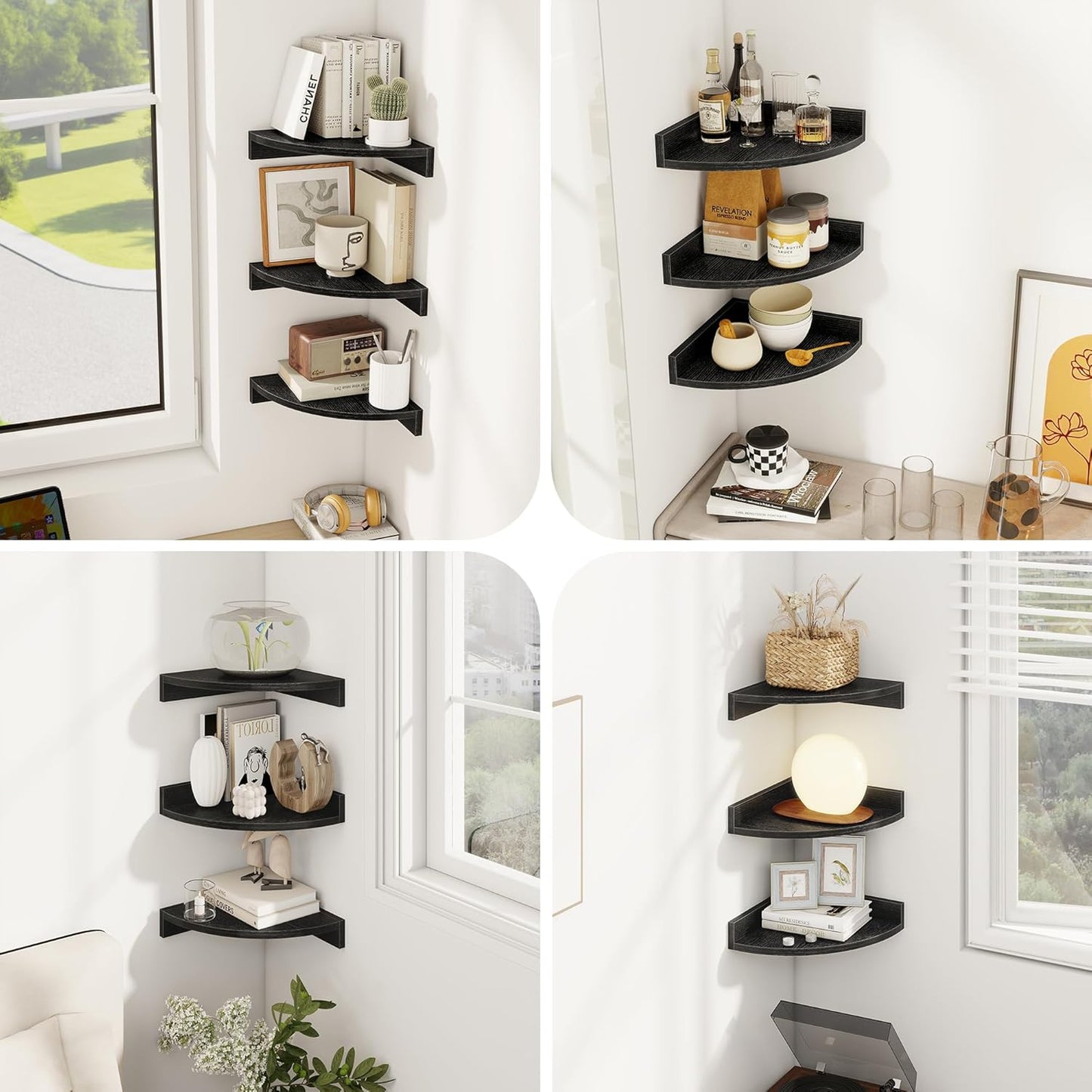 Corner Shelves 3-Pack for Bathroom & Kitchen, Space-Saving Floating Corner Wall Shelf with Easy Installation- Black