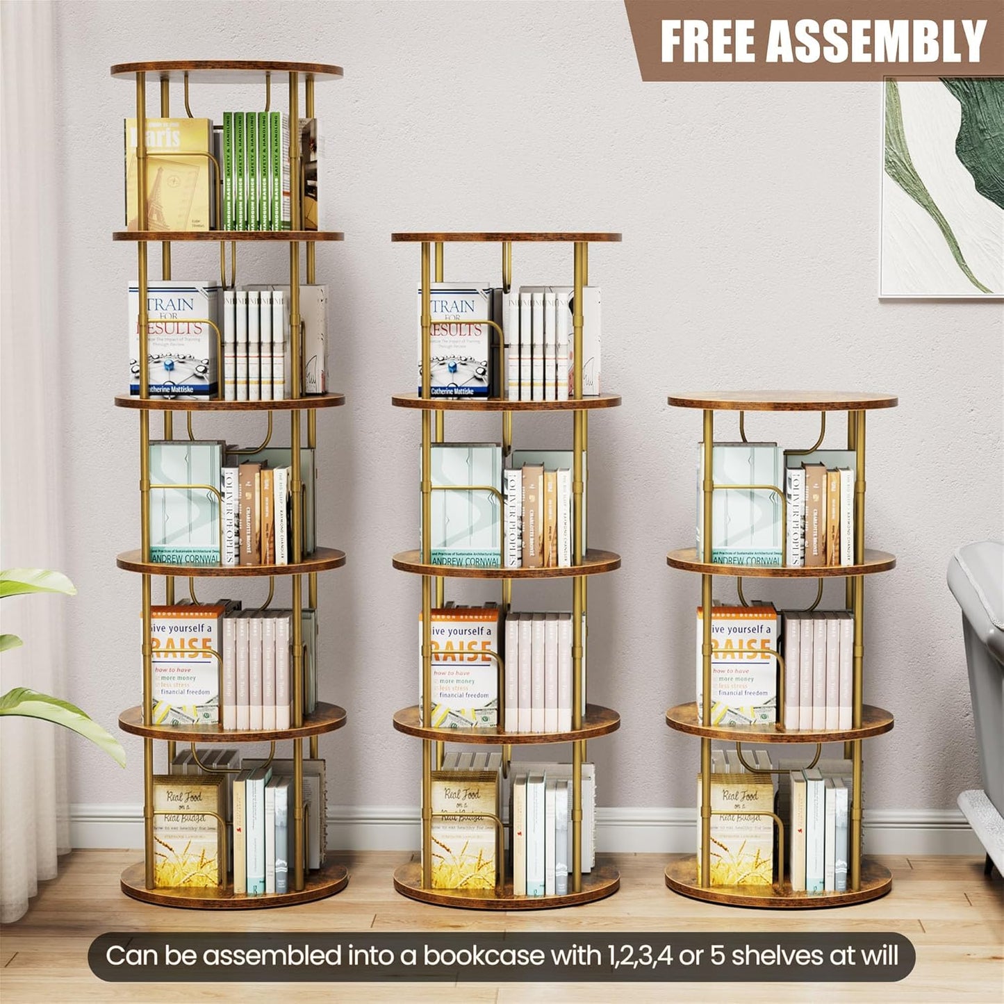 Flycity 4 Tier Rotating Bookshelf, 360° Corner Bookshelf Tower, Round Revolving Bookcase with Special Visible Partition Storage, Narrow Book Shelf Organizer for Living Room, Small Space, Gold