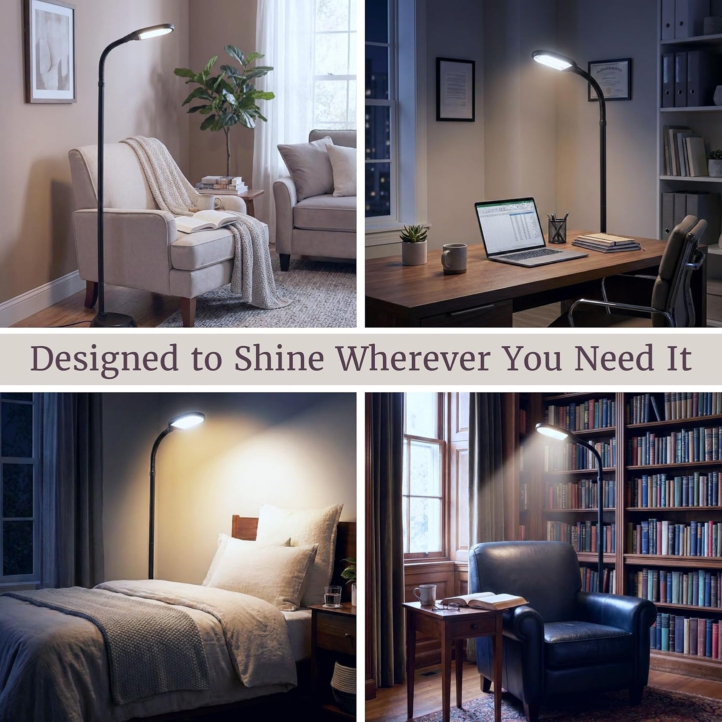 Lavish Home Adjustable Floor Lamp for Bedroom - Full Spectrum Natural Sunlight Lamp for Office with Bendable Neck for Reading Light, Craft, Studying, and Esthetician Light - (Black)