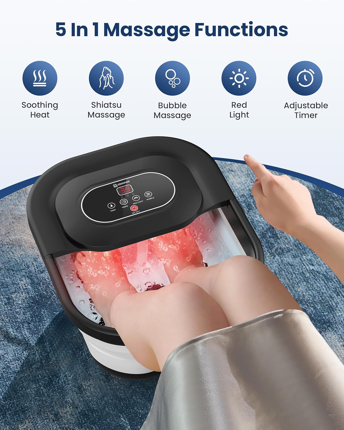 COMFIER Collapsible Foot Spa Bath Massager with Heat, Pedicure Foot Spa with Bubbles, Red Light, Pumice Stone and Shiatsu Massage Rollers, Heated Bath Spa for Relaxation and Stress Relief