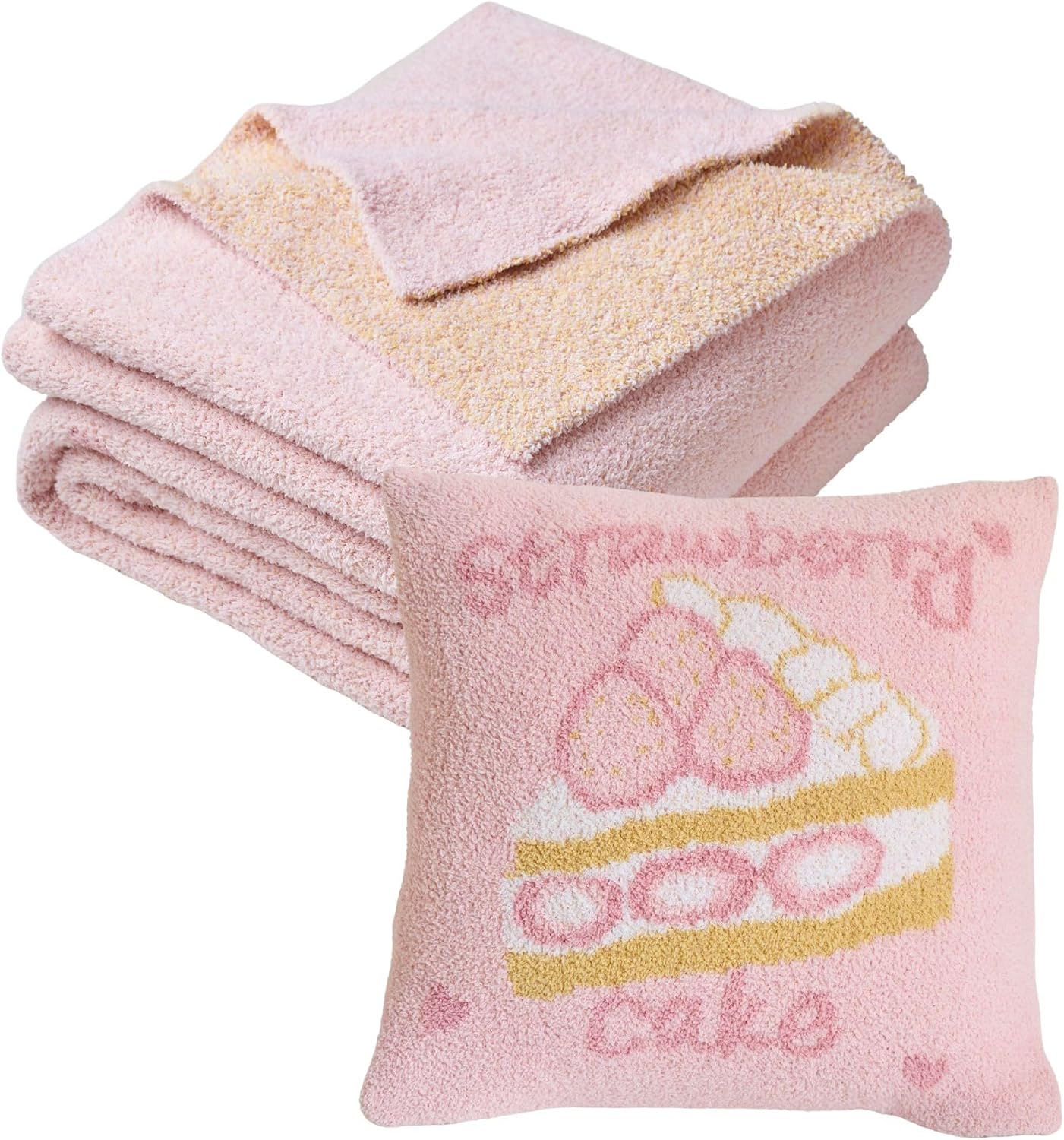 YIRUIO Strawberry Cake Plush Blanket & Pillowcase Set,Ultra Soft Cozy Warm Thick Fuzzy Fluffy 50x60 Throw Pink with 18x18 Pillow Cover for Bed Sofa Couch Home Decor Gift