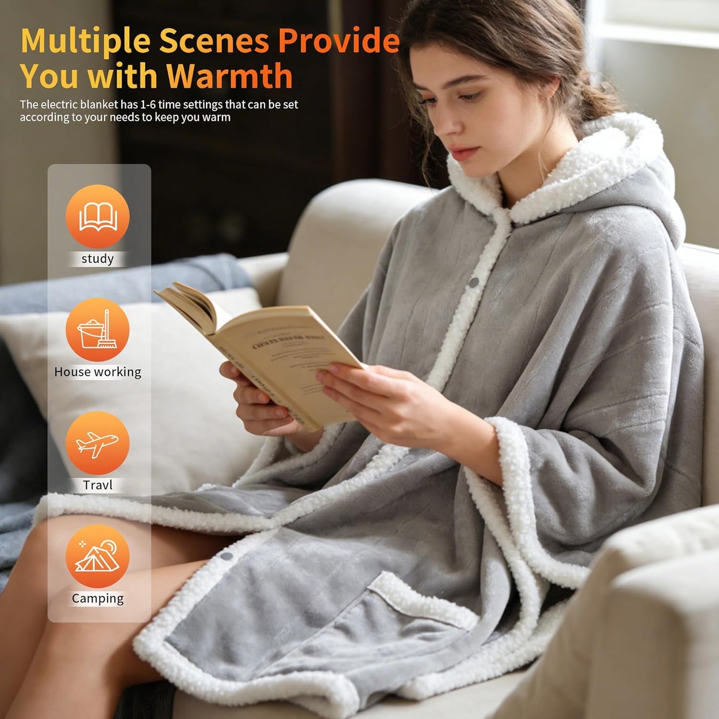 Myiosus Heated Blanket Wearable Shawl, Electric Wrap Poncho Blanket Hoodie with Pockets, Velvet & Sherpa Heating Throw with 6 Heating Levels & 4 Time Settings,Birthday Gifts for Mom, 50 x 64 Inch,Grey