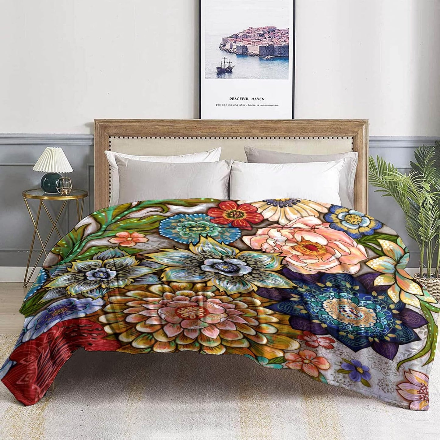 Neasow Floral Fleece Throw Blanket, Vibrant Color Boho Flowers Blossom Cozy Decor Throws for Sofa Bed Couch Chair or Dorm 50×60 inch