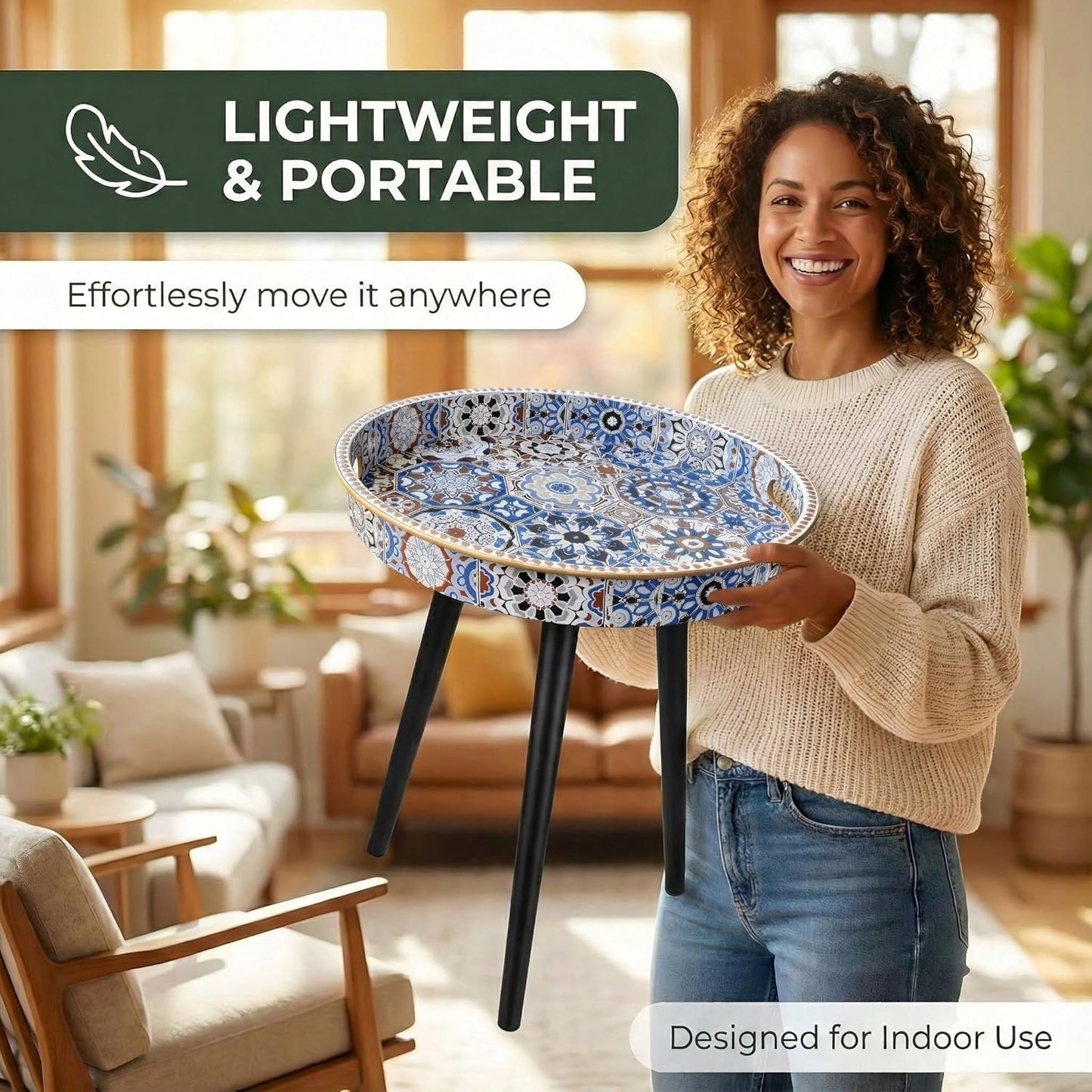 Zosenley Small Round Side Table - 13" Blue Boho Geometric End Table with Vintage Pattern Tray - Unique Artistic Accent Nightstand with Moisture-Resistant Wrapped Legs for Living Room Bedroom