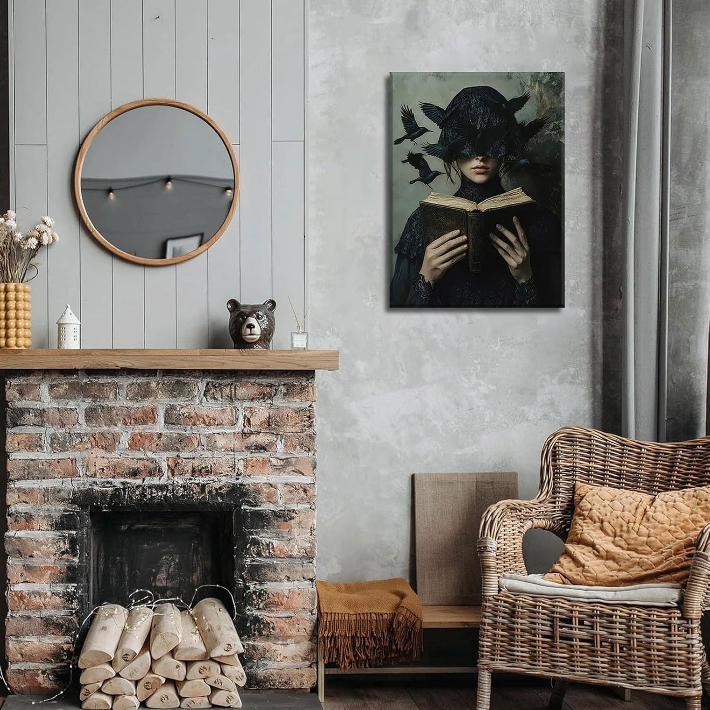 Dark Academia Canvas Wall Art Gothic Victorian Woman Reading Book Wall Decor Picture Moody Dark Crow Aesthetic Poster Print for Gallery Living Room Bedroom Home Decoration 12x16in