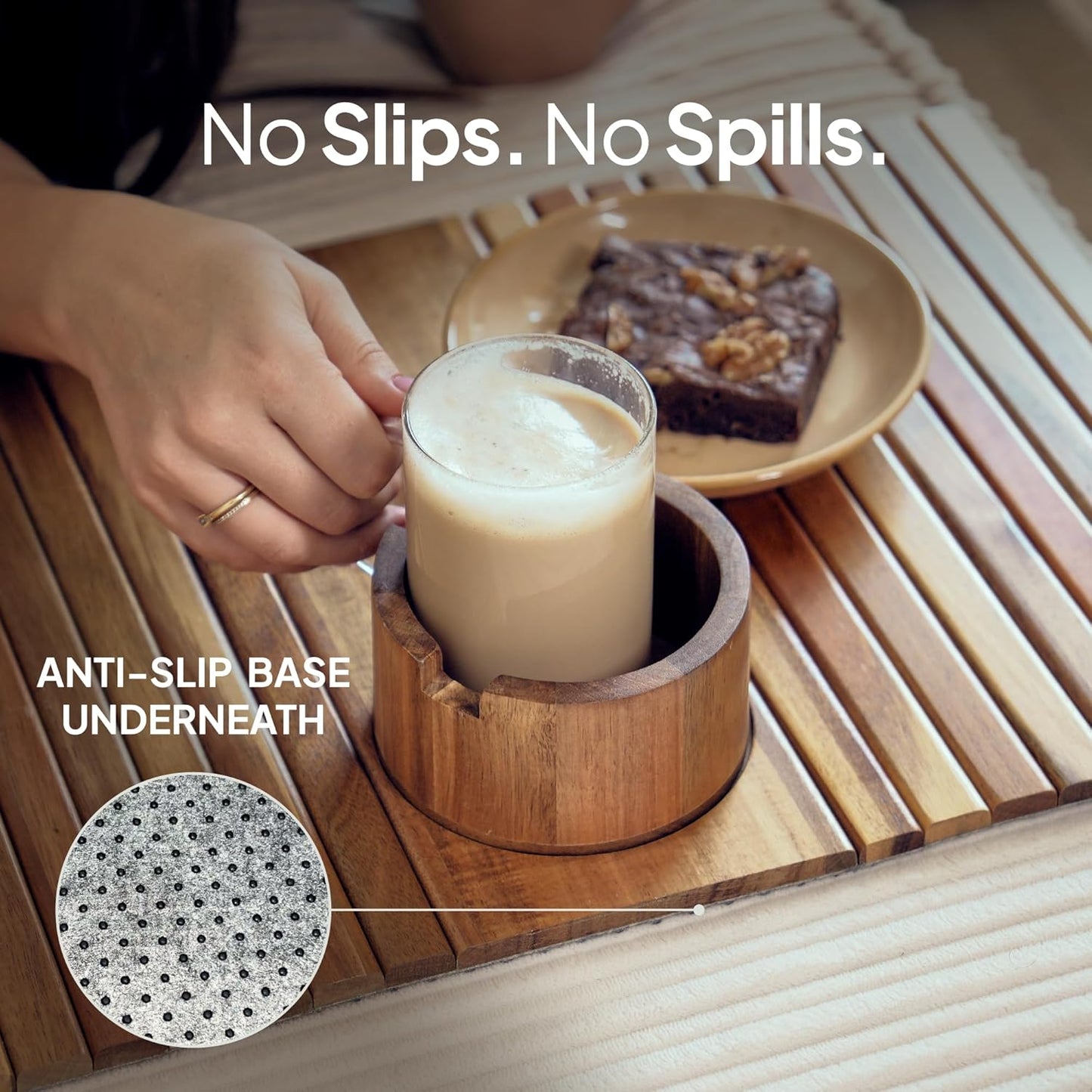 Acacia Couch Arm Tray for Drinks and Snacks with Detachable Cup Holder, Anti Slip Base and Foldable Design, Wooden Sofa Arm Tray for Convenient Couch Side Use