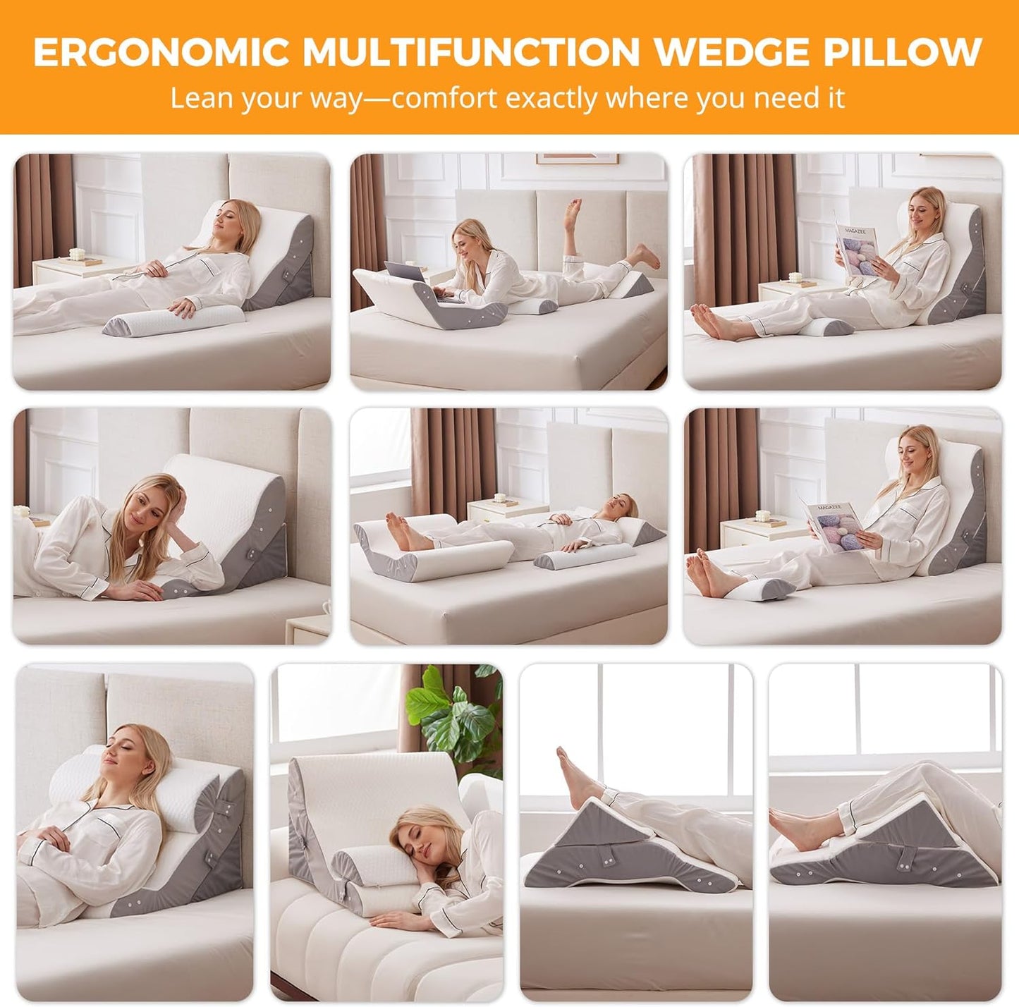 3PCS Wedge Pillow Set for After Surgery, Adjustable Back Pillow for Bed Sitting up, Acid Reflux, Bed Wedge Pillow Headboard for Sleeping & Snoring, Orthopedic Pillow for Post Surgery, White