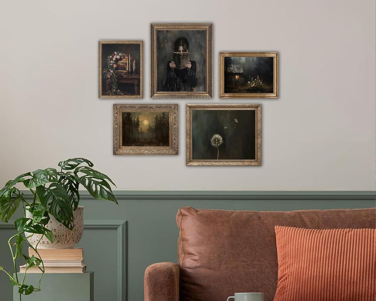 5pcs Dark Academia Canvas Wall Art Victorian Woman Reading Canva Posters Antique dandelion Oil Pictures Vintage Flower Book Prints Moody Books Still Life Painting Gothic Rustic Home Wall Decor (16L''x12W''poster)