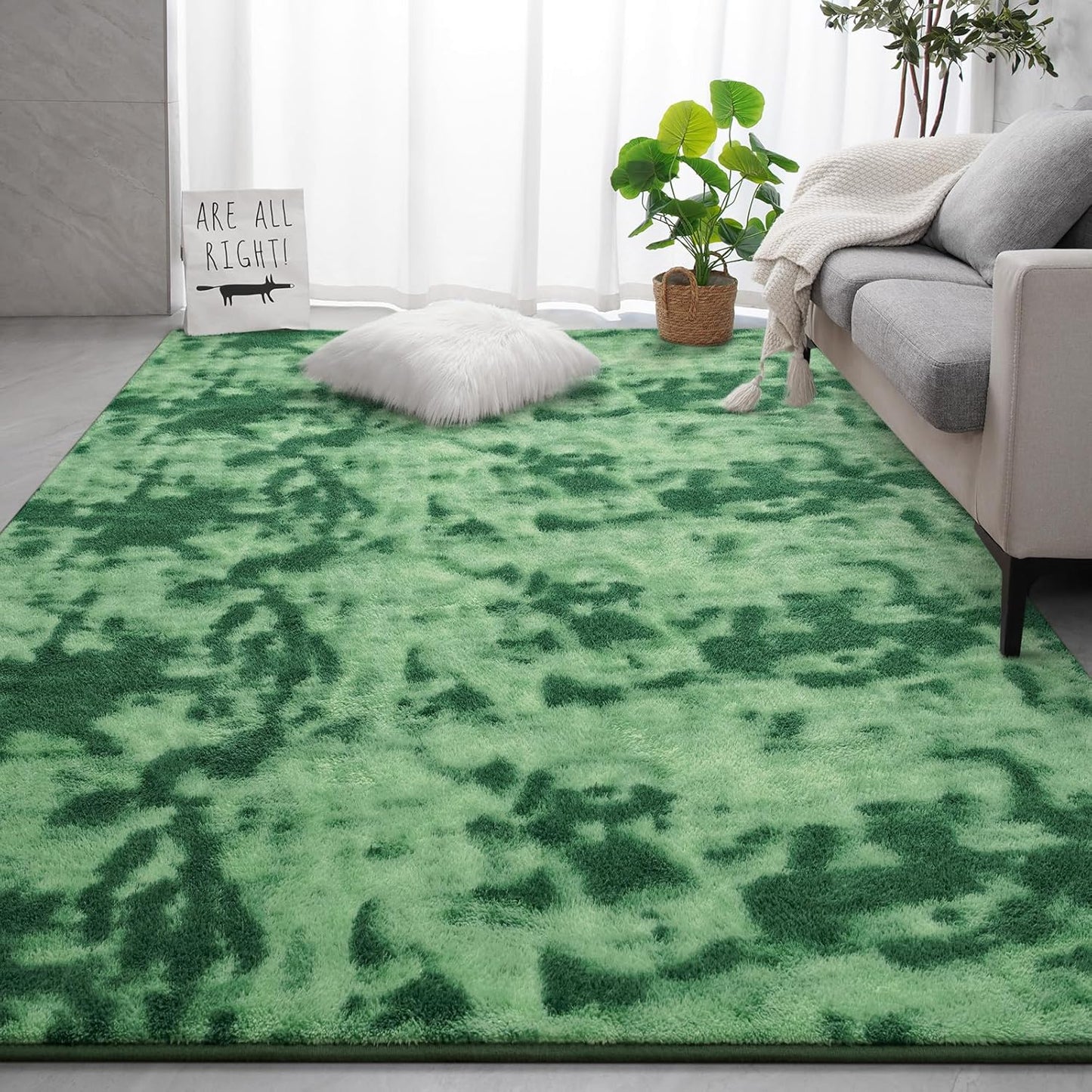 Hutha Large Area Rug, 7x10 Tie-Dyed Green Fluffy Shag Rugs for Living Room Bedroom, Modern Aesthetic Super Soft Anti-Skid Indoor Carpet for Nursery Kids Room Home Decor