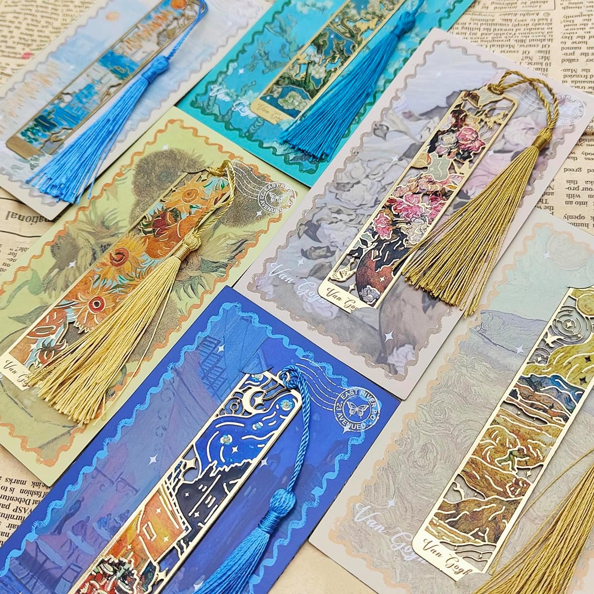 6 Pcs Metal Bookmark with Tassels, FineGood Golden Hollow Bookmarks for Women Oil Painting Book Marks for Reading Book Lovers