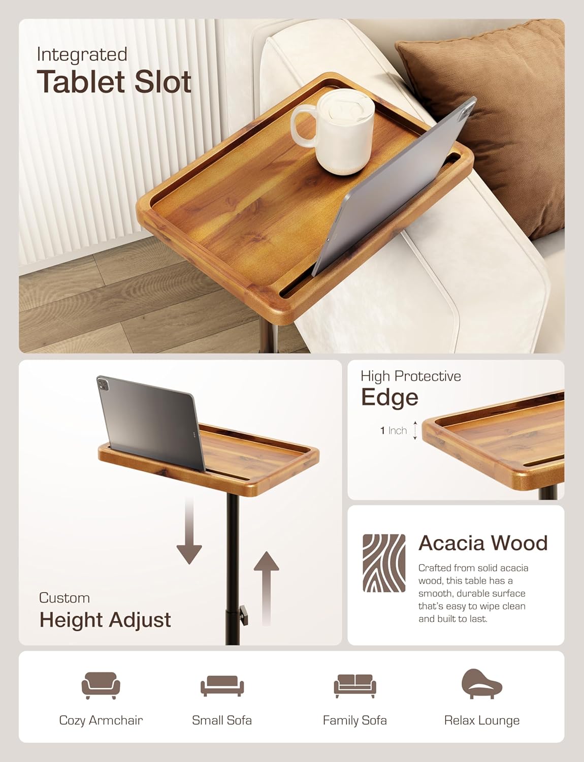 HOLANA Acacia Wood Adjustable C-Shaped Couch Table – 360° Swivel Side Table for Sofa - Small End Table for iPad, Laptop, or TV Tray – Eating Trays for Living Room or Bedside Use (Acacia)