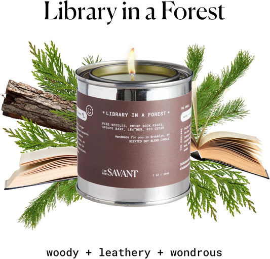 The New Savant Scented Candle - Library in a Forest - Aesthetic Bookish Candle for Home, Pine, Citrus, Patchouli & Leather, Soy Wax Blend, Vegan & Cruelty-Free, 50-Hour Burn Time - 7oz