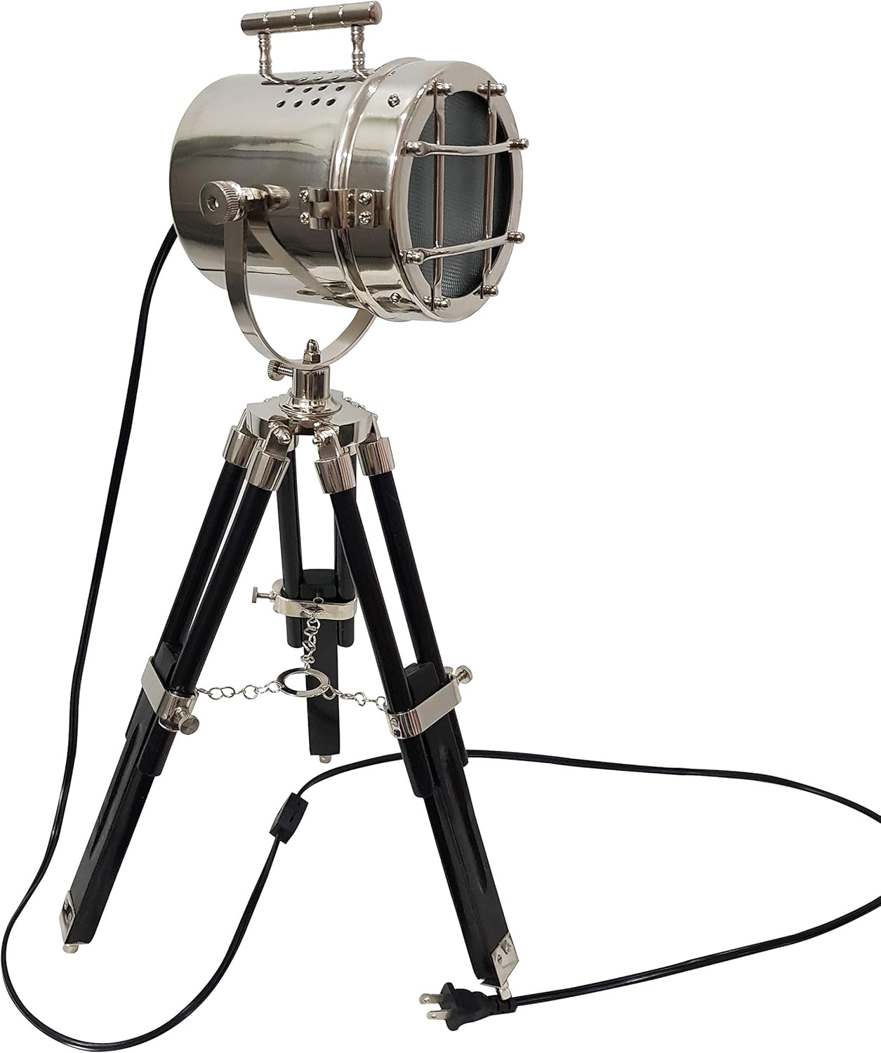 collectiblesBuy Nautical Desk Lamp with Black Wooden Tripod – 22 Inch Adjustable Nickel Finish LED Spotlight Searchlight Vintage Maritime Table Decor for Home Office