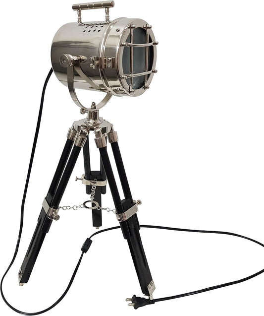 collectiblesBuy Nautical Desk Lamp with Black Wooden Tripod – 22 Inch Adjustable Nickel Finish LED Spotlight Searchlight Vintage Maritime Table Decor for Home Office