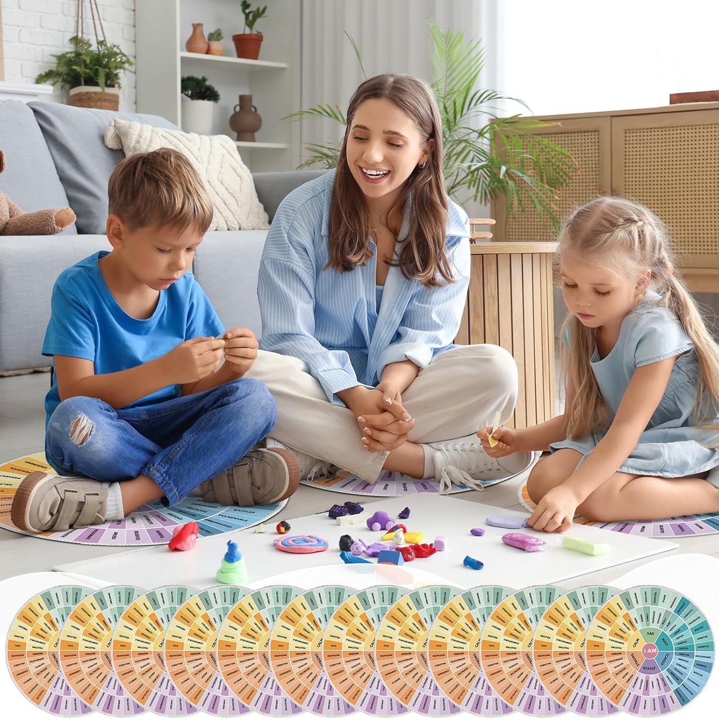 OBUSATT 12Pcs Carpet Circle Seats 15 Inch Round Classroom Rug Calming Corner Supply Non Slip Floor Cushions Mat for Back to School Mental Health Nursery Learning Playing Areas Decor(Feelings Wheel)