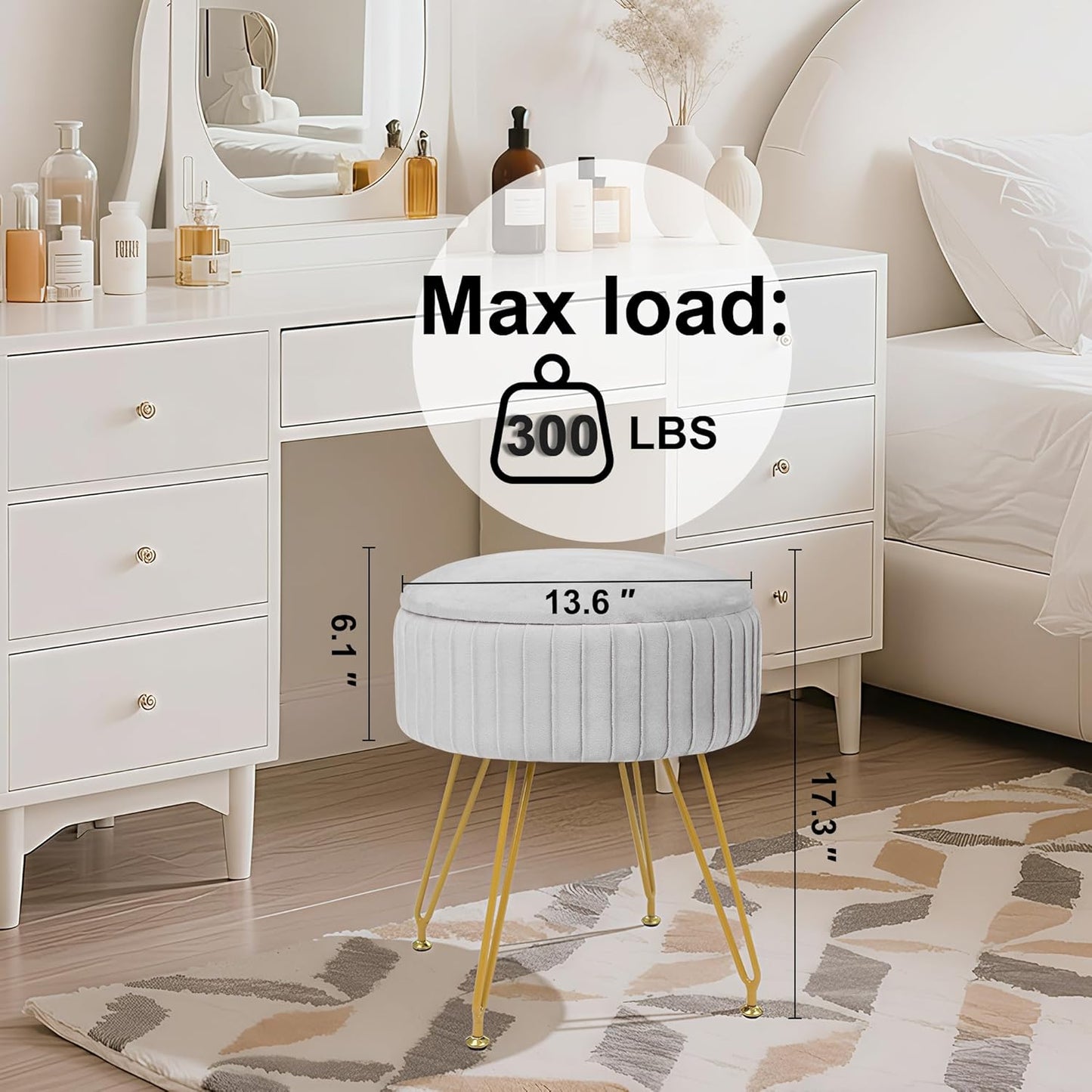 Round Vanity Stool with Storage Ottoman,Vanity Chair for Makeup Room with Removable Cover, Small Footrest Ottoman for Home, Living Room, Bedroom (Grey)