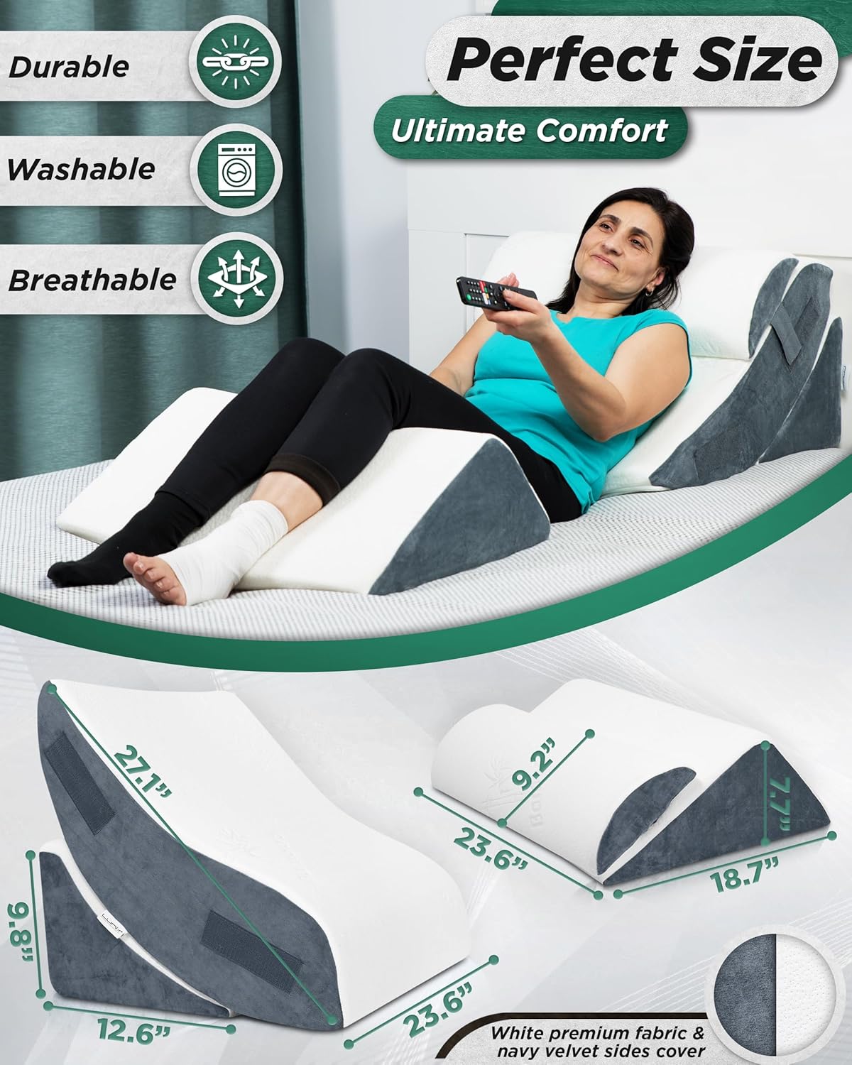 Lunix LX5 4pcs Orthopedic Bed Wedge Pillow Set with Washable Cover, After Surgery Memory Foam Support, OEKO-TEX Certified, Comfort for Sleep and Recovery, with Hot/Cold Pack & Vacuum Bags, Arctic Navy