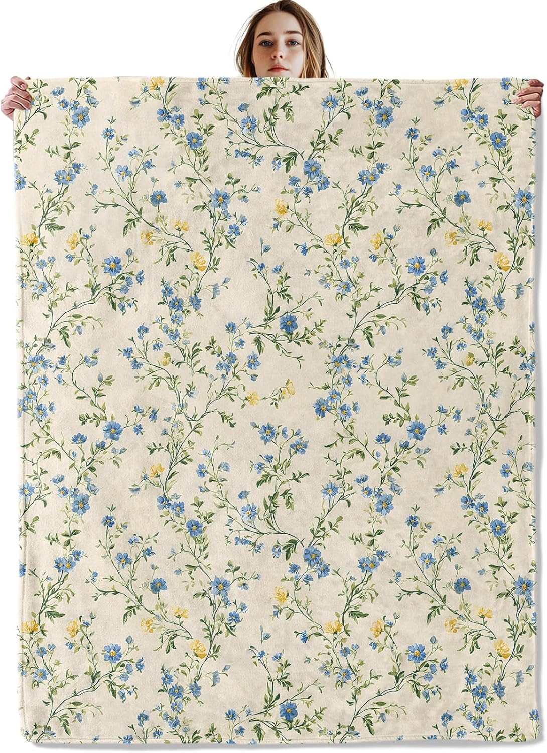 Vintage Floral Blanket, Soft Cozy Lightweight Blue and Yellow Wildflowers Throw Blanket for Women Girls Kids Teens, Sofa Couch Bed 50x60 Inch Flannel Blankets for Travel Decor Gifts