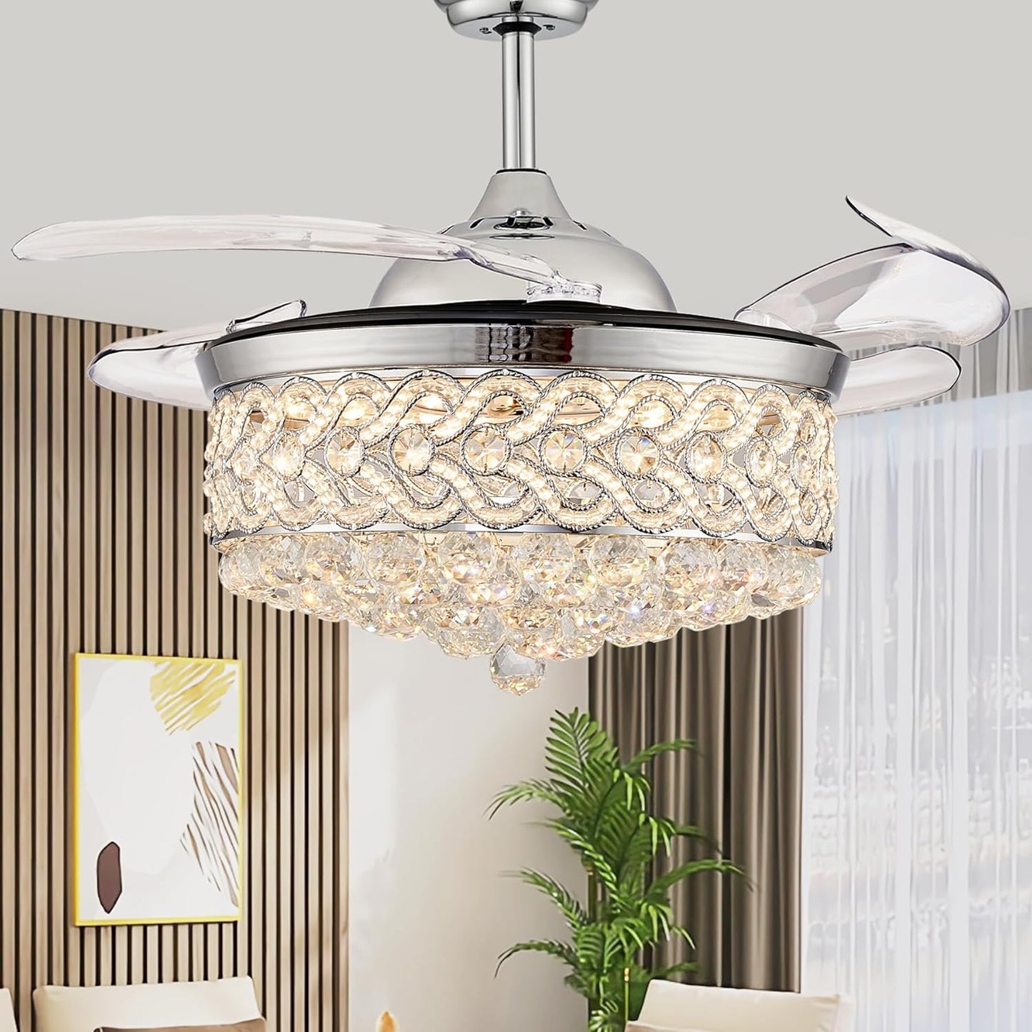 48" Crystal Ceiling Fan with Light and Remote，Dimmable Fandelier with Invisible Retractable Blades, Modern Chandelier Ceiling Fans with Lights for Bedroom Living Room 6 Speed Chrome