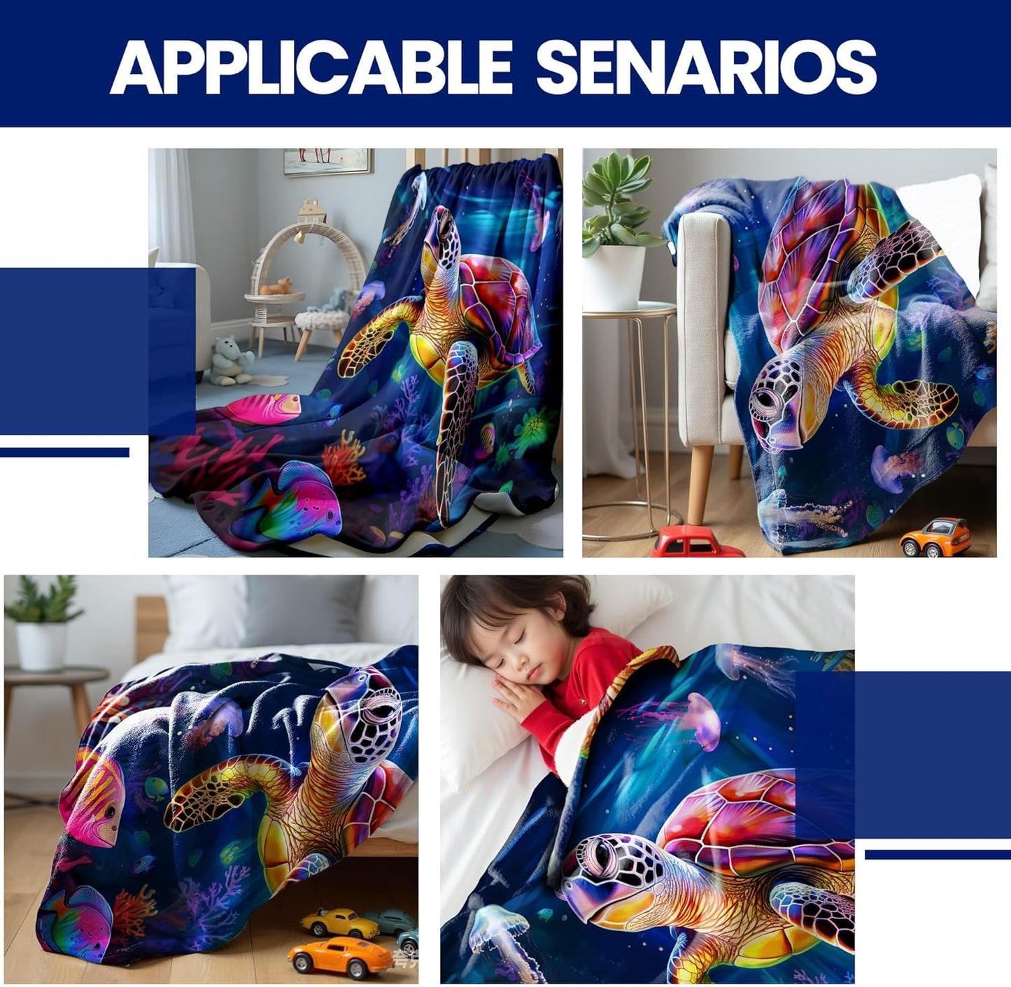 Sea Turtle Throw Blanket for Boys Girls Ocean Fish Flannel Blankets for Kids Toddler Bed Couch Living Room Sofa, Super Soft Cozy, 50x60 in