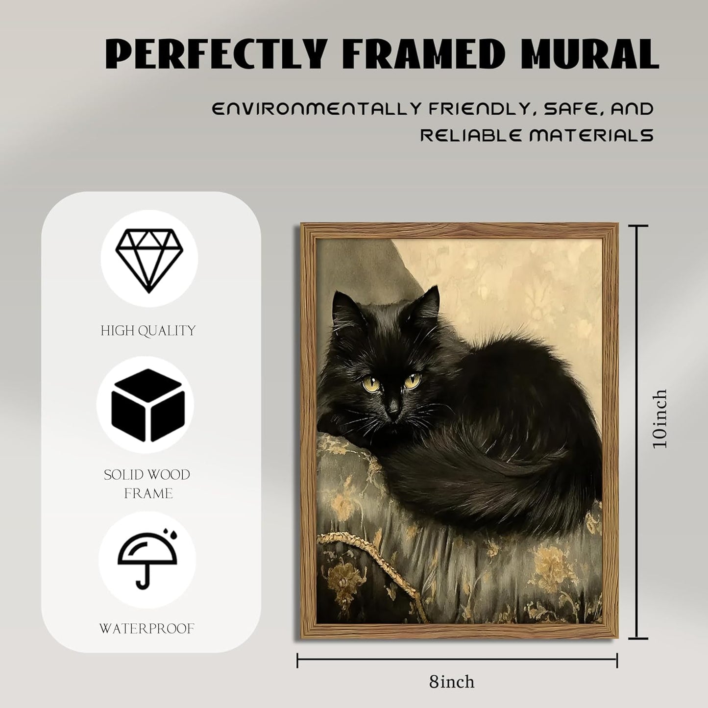 Black Cat Wall Art Framed, Vintage Cat Painting Print, Classical Animal Canvas Wall Decor, Rustic Cottagecore Aesthetic Pictures for Living Room Bedroom Home – 8x10 inch