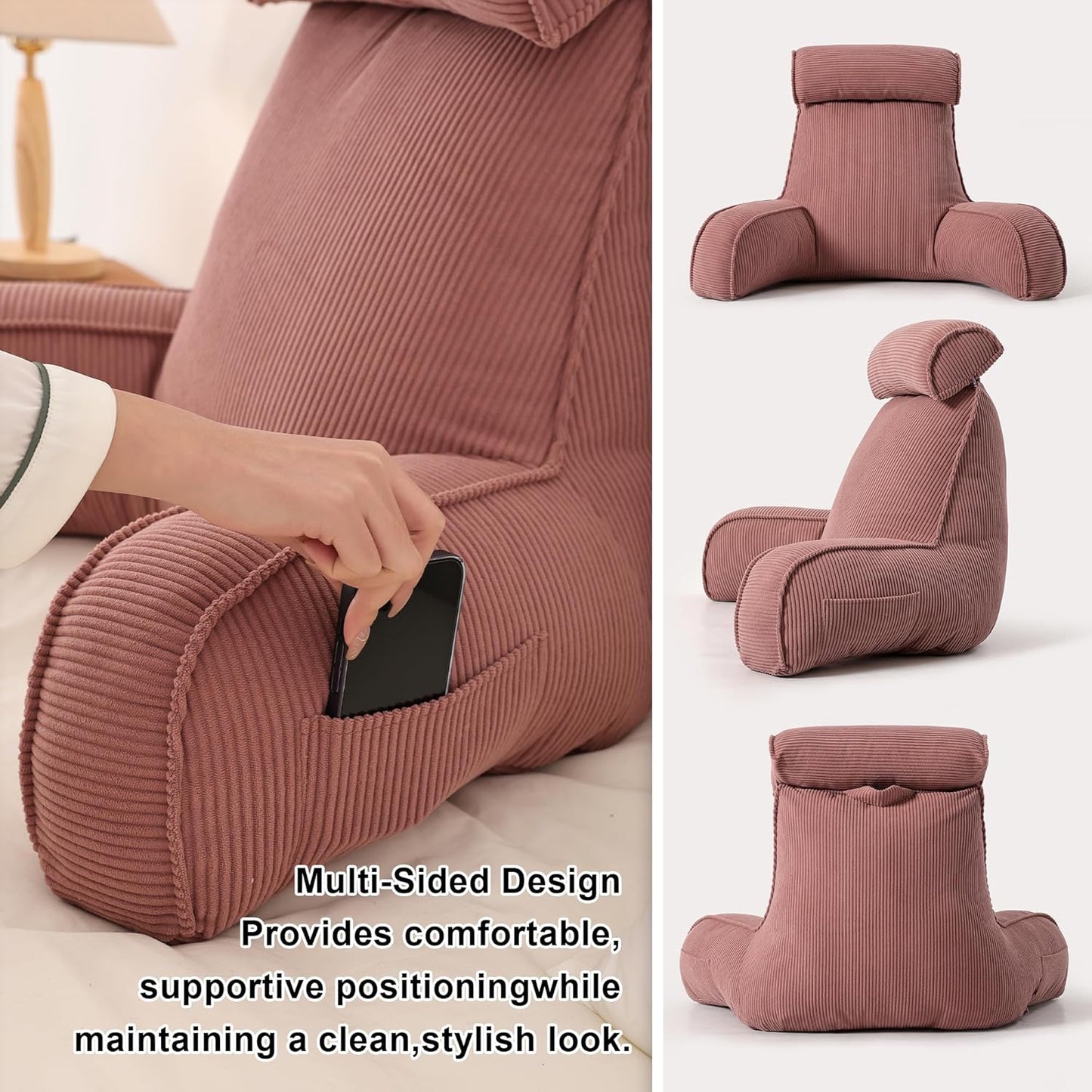 Corduroy Reading Pillow with Arms & Detachable Neck Roll, Bed Rest Back Support, Adult Cushion for Sitting Sofa & Floor, Side Pockets & Washable Cover, Brick Brown