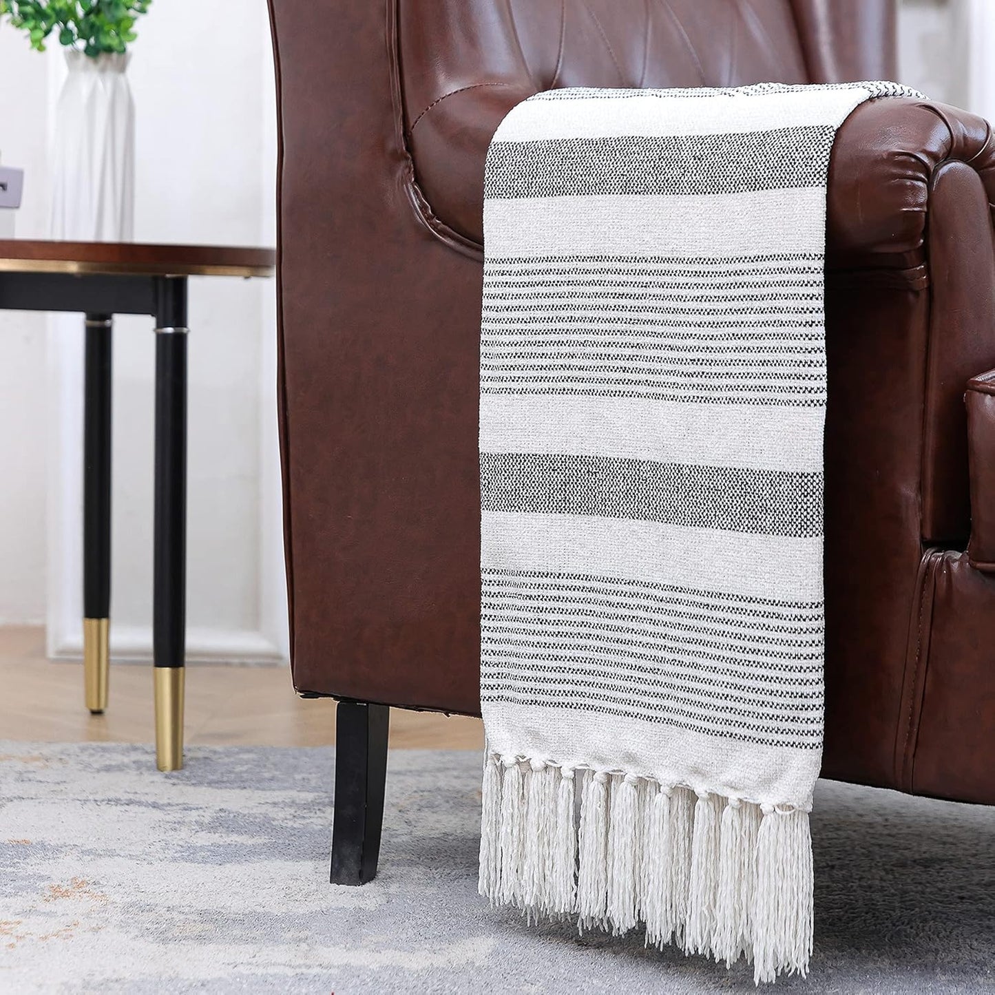 Decorative Black White Striped Throw with Fringe, Soft Chenille Knitted Farmhouse Lightweight Blanket with Tassels for Couch Sofa Chair Bed Office Home Décor, Black and Ivory, 50" x 60"