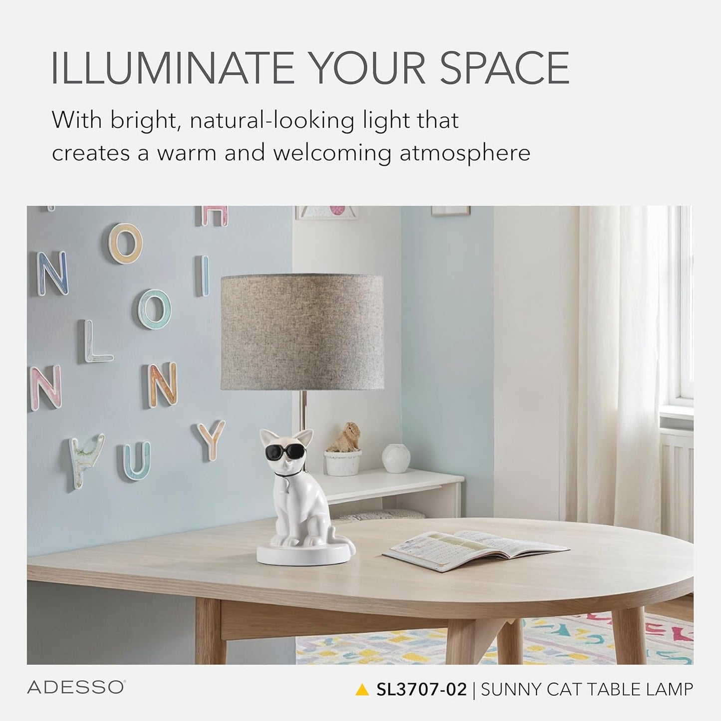 Adesso Sunny Cat Table Lamp – White Ceramic Novelty Lamp for Bedroom and Office Lighting or Living Room Décor, 18” x 10”