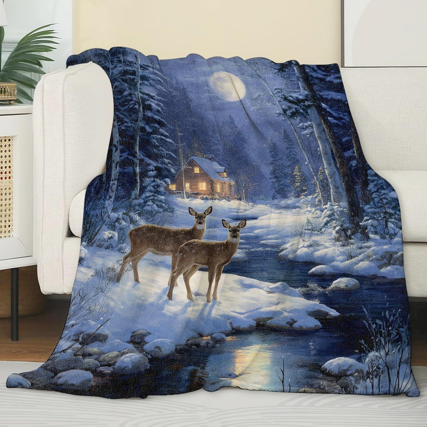Winter Deer and Cabin Blanket,Gifts for Rustic Nature Lovers,Lightweight Flannel Throw Blankets,Forest Snowy Moonlight Throws Home Decor,for Couch Living Room Office,60x50inch
