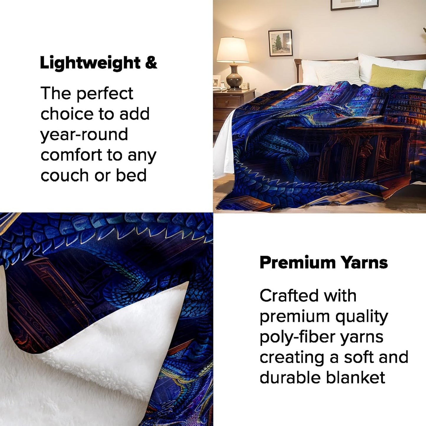 Fantasy Dragon Reading Throw Blanket for Adults Kids, 50x60 in, Blue Dragon Theme Flannel Blankets for Bedroom, Couch, Travel, Home Decor, Fuzzy Soft Cozy Warm Gifts