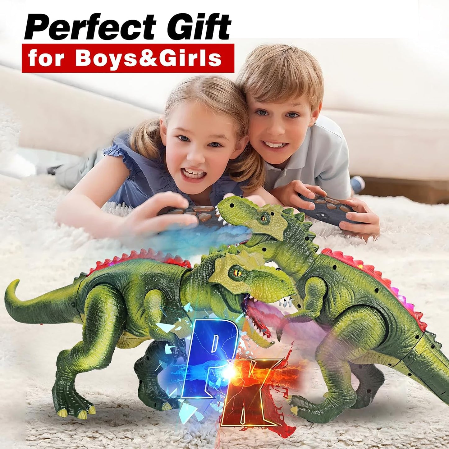 Remote Control Dinosaur Toys for Kids 3-5-7, Upgraded T Rex Dinosaur Toys with Changing Light, 7 Color Spray & Realistic Roars, RC Walking Dinosaur Robot 4-7, Birthday Gifts Toys for Kids Boys 3+