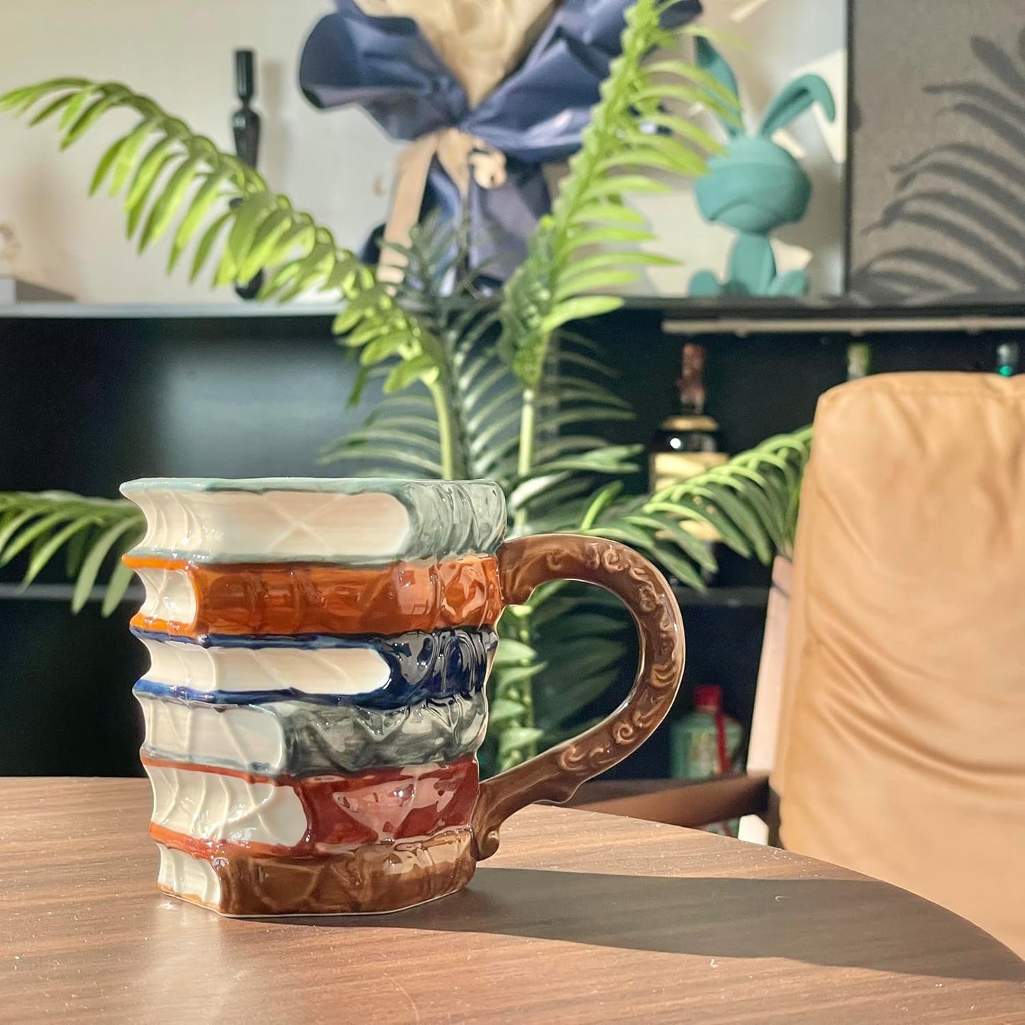 suigetsu Hand Painted 3D Book Stack Glass Coffee Mug, Colorful Stained Glass Design, Novelty Cup for Book Lovers (VINTAGE)