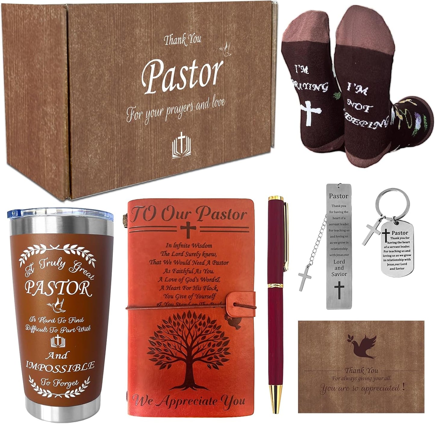 8 Pcs Pastor Appreciation Gifts Set Includes 20 oz Stainless Steel Cup Socks Bookmarks Keychains Notebook Pen Thank You Card for Gift Boxes for Pastor Day Christmas Church Clergy Birthday Gifts