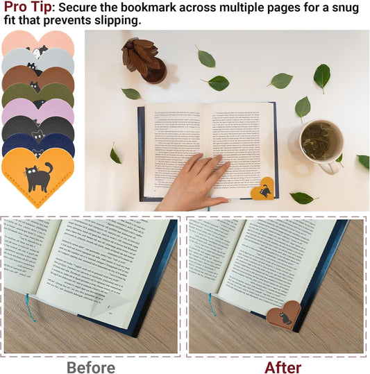 Yuoyar 8Pcs Leather Heart Cat Book Marks for Reading Women - Cute Bookmarks for Book Lovers - Unique Gifts for Women (Cat)