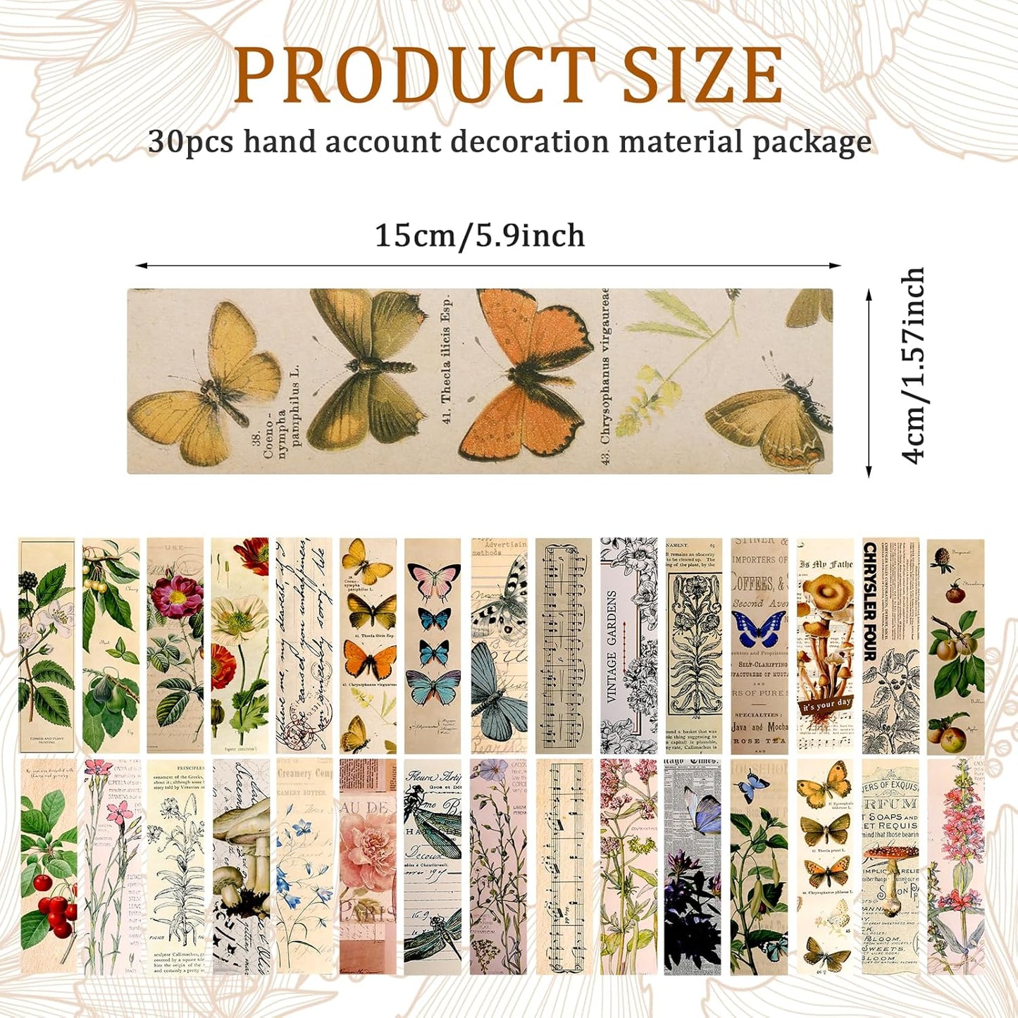 30 Pcs Vintage Paper Bookmark, Elegant Aesthetic Pattern Book Marker Natural Style Books Accessories Cute Butterfly Flower Plant Bookmarks for Women, Book Lovers