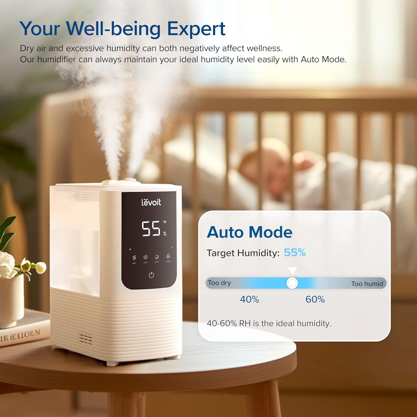 LEVOIT Humidifiers for Bedroom Home, Smart Warm and Cool Mist Air Humidifier for Large Room, Auto Customized Humidity, Fast Symptom Relief, Easy Top Fill, Essential Oil, Quiet, OasisMist4.5L, White