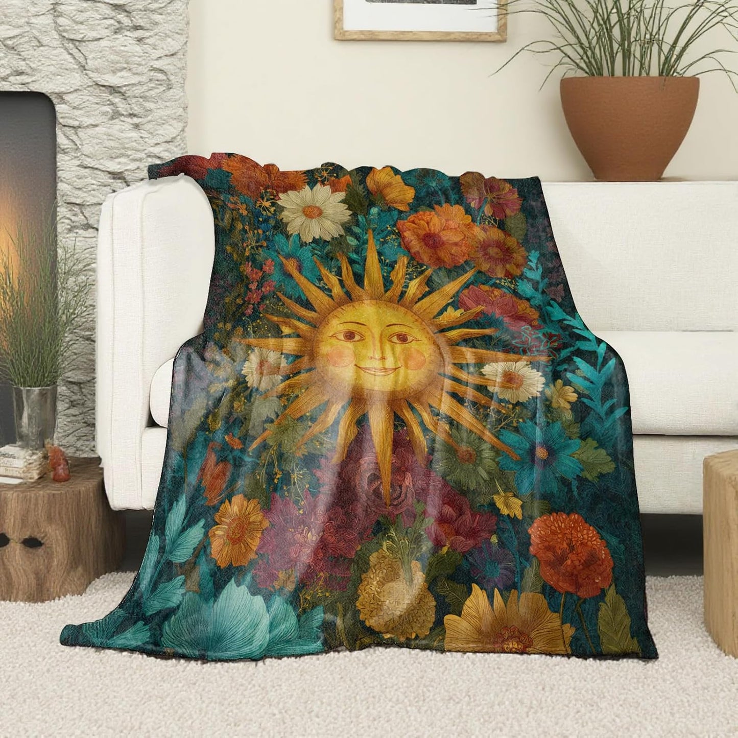 Vintage Sun Face Celestial Blanket, Soft Cozy Lightweight Wildflowers Throw Blanket for Women Girls Kids, Sofa Couch Bed 50x60 Inch Flannel Boho Blankets for Travel Decor Gifts